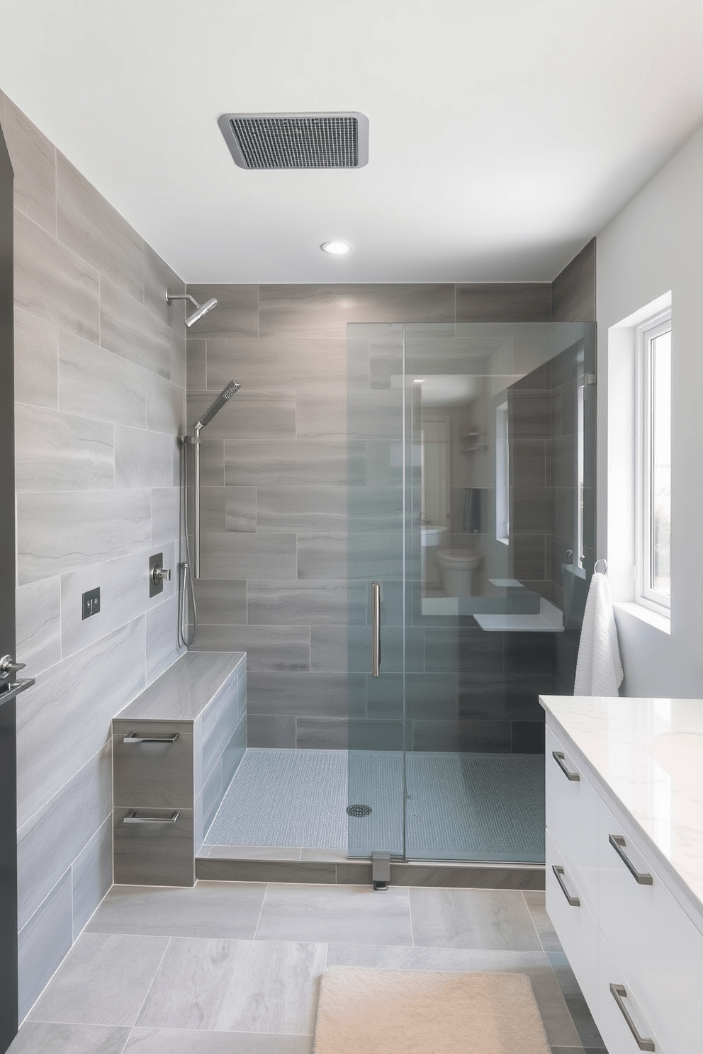 A luxurious three-quarter bathroom featuring large format tiles that create a seamless design. The walls are clad in elegant grey tiles that extend from floor to ceiling, enhancing the spacious feel of the room. The shower area showcases a frameless glass enclosure with a rainfall showerhead, complemented by a sleek built-in bench. A modern floating vanity with a white quartz countertop provides ample storage and a contemporary touch to the space.