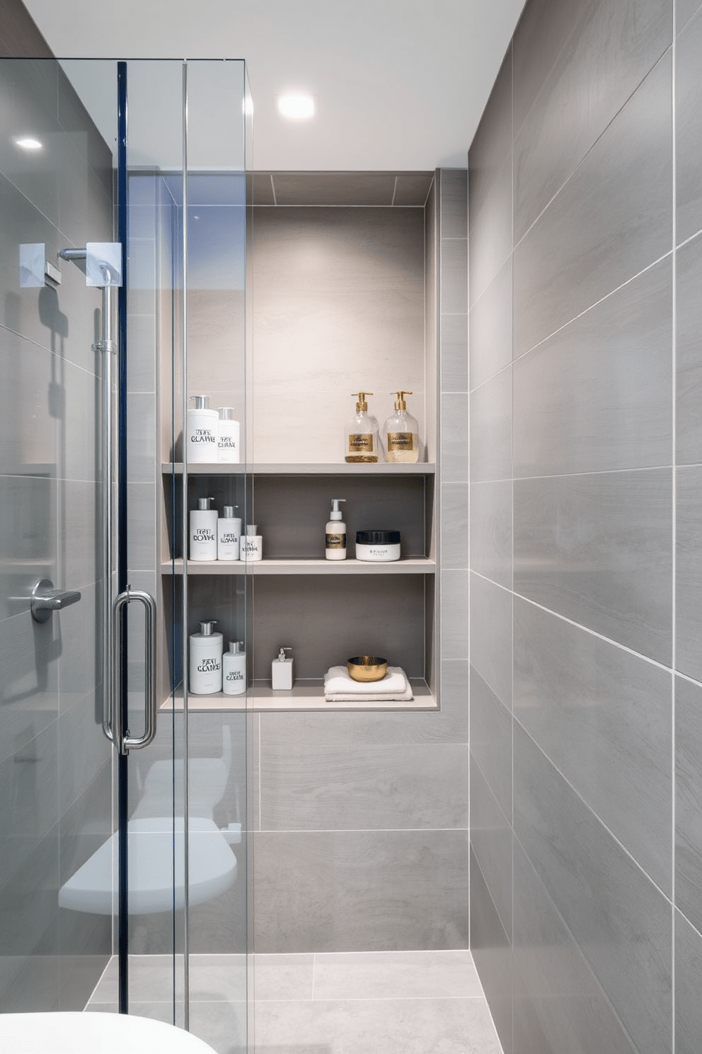 A modern three-quarter bathroom featuring integrated shelving within the shower area. The shelving is built into the wall, showcasing neatly arranged bath products and decorative items. The shower is enclosed with glass panels, allowing natural light to fill the space. Complementing the shelving, the walls are adorned with large-format tiles in a soft gray hue, creating a serene atmosphere.