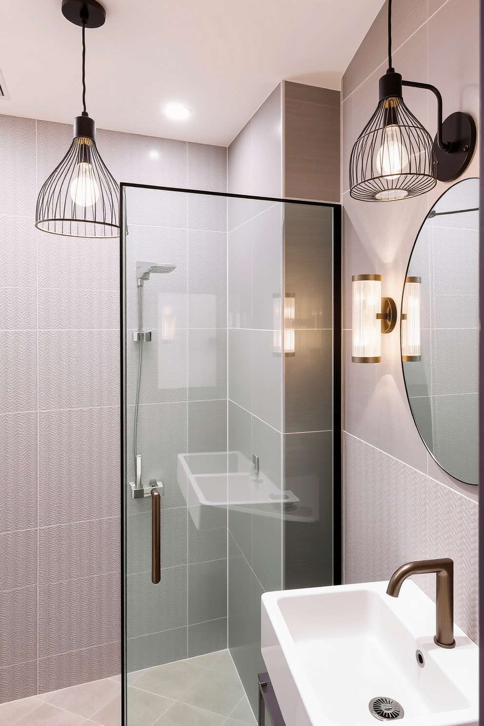 A modern three-quarter bathroom featuring unique light fixtures that enhance the overall aesthetic. The space includes a sleek shower with a glass enclosure and a stylish wall-mounted sink. The light fixtures are a combination of pendant and wall sconces, each with an artistic design that adds character to the room. The walls are adorned with textured tiles in soft gray tones, creating a calming atmosphere.