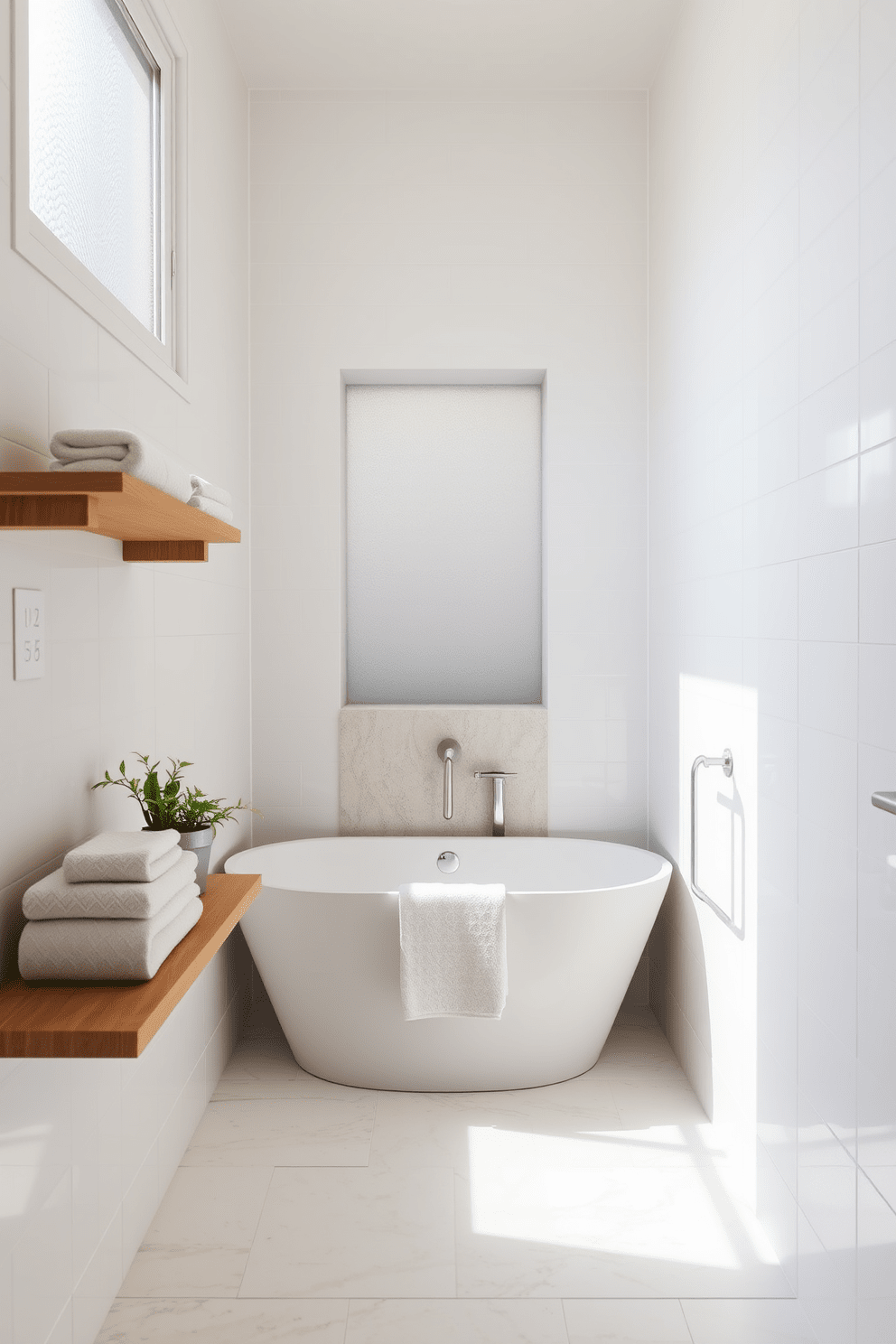 A serene three-quarter bathroom design featuring a freestanding bathtub nestled in a small space. The walls are adorned with soft white tiles, and natural light streams in through a frosted window, illuminating the room. The bathtub is positioned against a backdrop of textured stone, creating a focal point that enhances the room's elegance. A minimalist wooden shelf holds neatly folded towels and a few potted plants, adding a touch of greenery to the space.