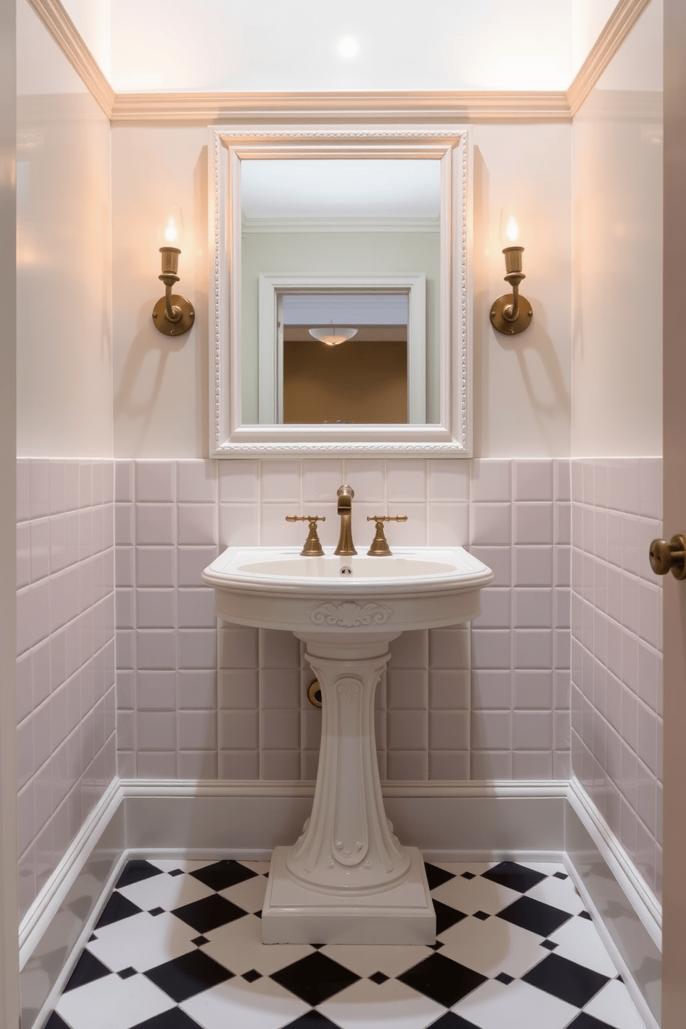 A vintage-inspired pedestal sink sits elegantly in a three-quarter bathroom, featuring intricate details and a classic white finish. The walls are adorned with soft pastel tiles, creating a serene backdrop that complements the sink's timeless charm. A large framed mirror hangs above the sink, reflecting warm, ambient lighting from sconces on either side. The floor is covered in a checkered pattern of black and white tiles, adding a touch of sophistication to the overall design.