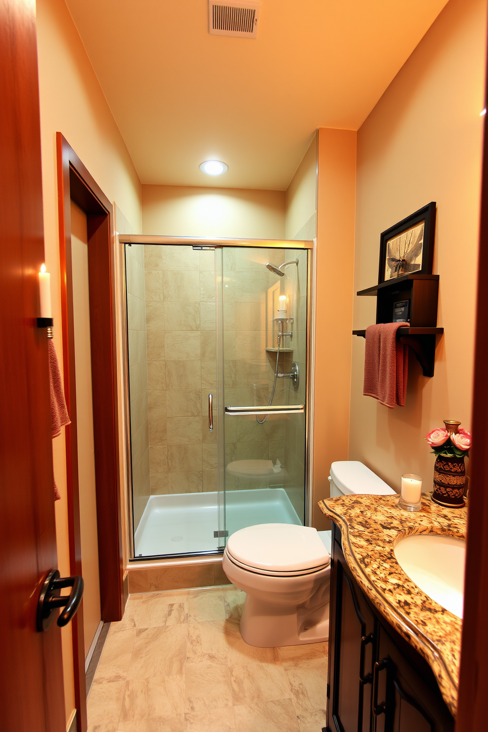 A serene three-quarter bathroom featuring warm-toned lighting that creates a cozy ambiance. The space includes a compact shower with glass doors, a sleek white toilet, and a stylish wooden vanity topped with a rich granite surface. Soft beige walls complement the warm lighting, enhancing the inviting atmosphere. Decorative elements such as scented candles and plush towels in earth tones add a touch of comfort and elegance.