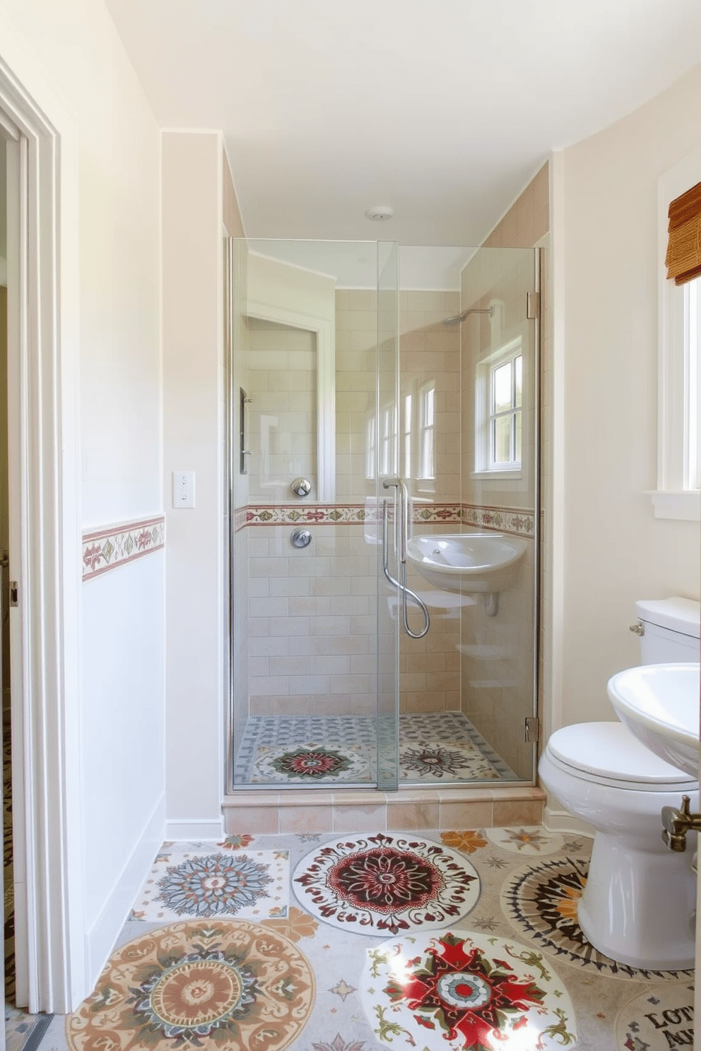 Artistic tile patterns adorn the floor of a three-quarter bathroom, creating a vibrant and inviting atmosphere. The walls are painted in a soft, neutral tone, complementing the intricate designs of the tiles. A sleek, modern shower features a glass enclosure, allowing natural light to fill the space. Elegant fixtures in brushed nickel add a touch of sophistication to the overall design.