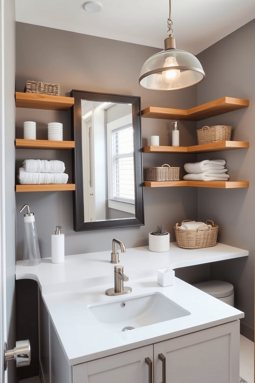 A modern three-quarter bathroom featuring open shelving for easy access to everyday items. The shelves are made of natural wood and display neatly organized towels, toiletries, and decorative baskets. The color palette includes soft gray walls and a sleek white vanity with a brushed nickel faucet. A large framed mirror hangs above the vanity, reflecting the warm light from a stylish pendant fixture.