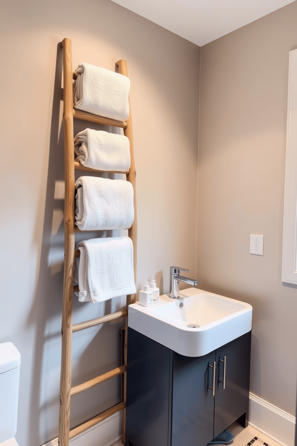 A stylish three-quarter bathroom features a decorative ladder elegantly leaning against the wall for towel storage. The ladder is made of natural wood, adding warmth and texture to the space while holding neatly folded towels in soft, neutral tones. The walls are adorned with subtle, calming colors that enhance the overall serenity of the room. A sleek vanity with a modern sink complements the design, creating a harmonious balance between functionality and aesthetic appeal.