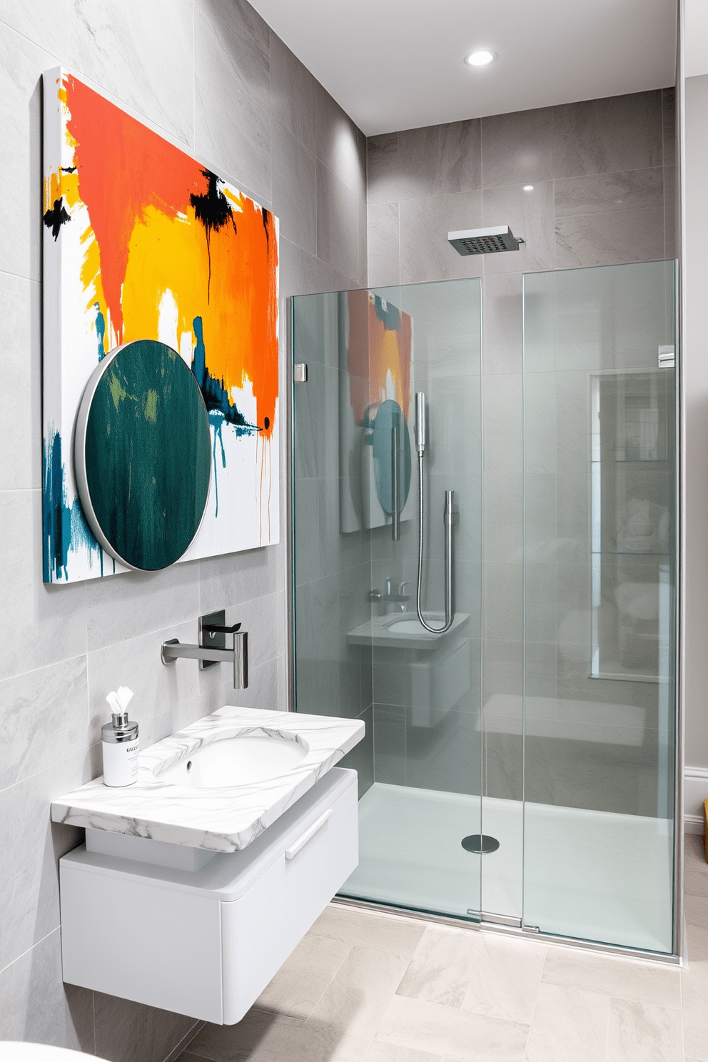 A modern three-quarter bathroom featuring an elegant wall art piece that adds personality to the space. The walls are adorned with a large abstract painting in vibrant colors that contrast with the soft gray tiles. The shower area is enclosed with clear glass panels showcasing a stylish rainfall showerhead. A sleek floating vanity with a quartz countertop and a round mirror enhances the contemporary feel of the bathroom.