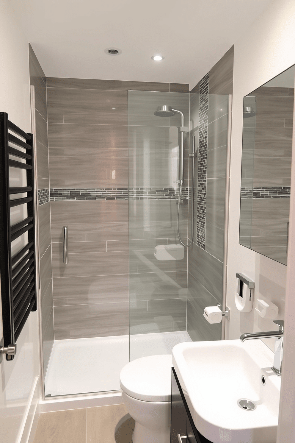 A modern three-quarter bathroom featuring a dual flush toilet designed for water efficiency. The space includes a sleek glass shower enclosure with stylish tile accents and a compact vanity with a contemporary sink.