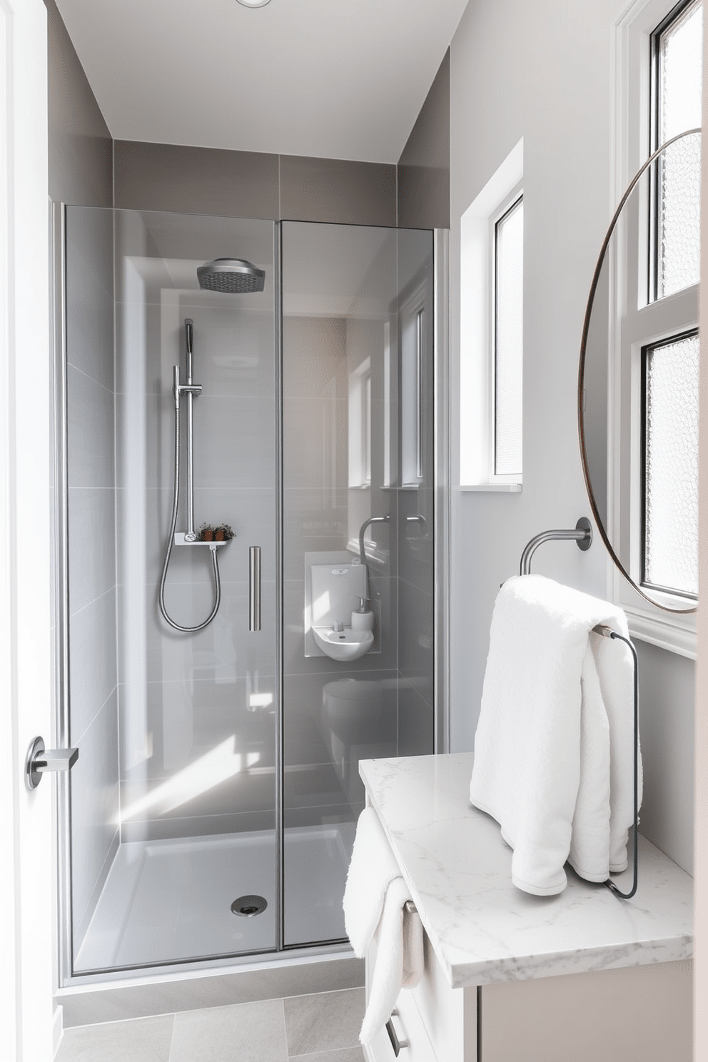 A stylish three-quarter bathroom featuring a sleek shower stall with glass doors and modern fixtures. The walls are adorned with soft gray tiles, and a compact vanity with a quartz countertop holds a small potted plant for a touch of freshness. Natural light streams in through a frosted window, illuminating the space and highlighting the minimalist decor. A plush white towel is neatly hung on a rack, complementing the overall clean and serene aesthetic.