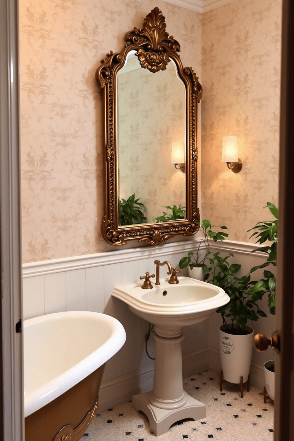 A vintage mirror with an ornate frame is the focal point of the three-quarter bathroom. The mirror hangs above a classic pedestal sink, complemented by brass fixtures and soft, ambient lighting. The walls are adorned with subtle floral wallpaper, creating a warm and inviting atmosphere. A freestanding bathtub rests against the wall, surrounded by potted plants that enhance the vintage charm.