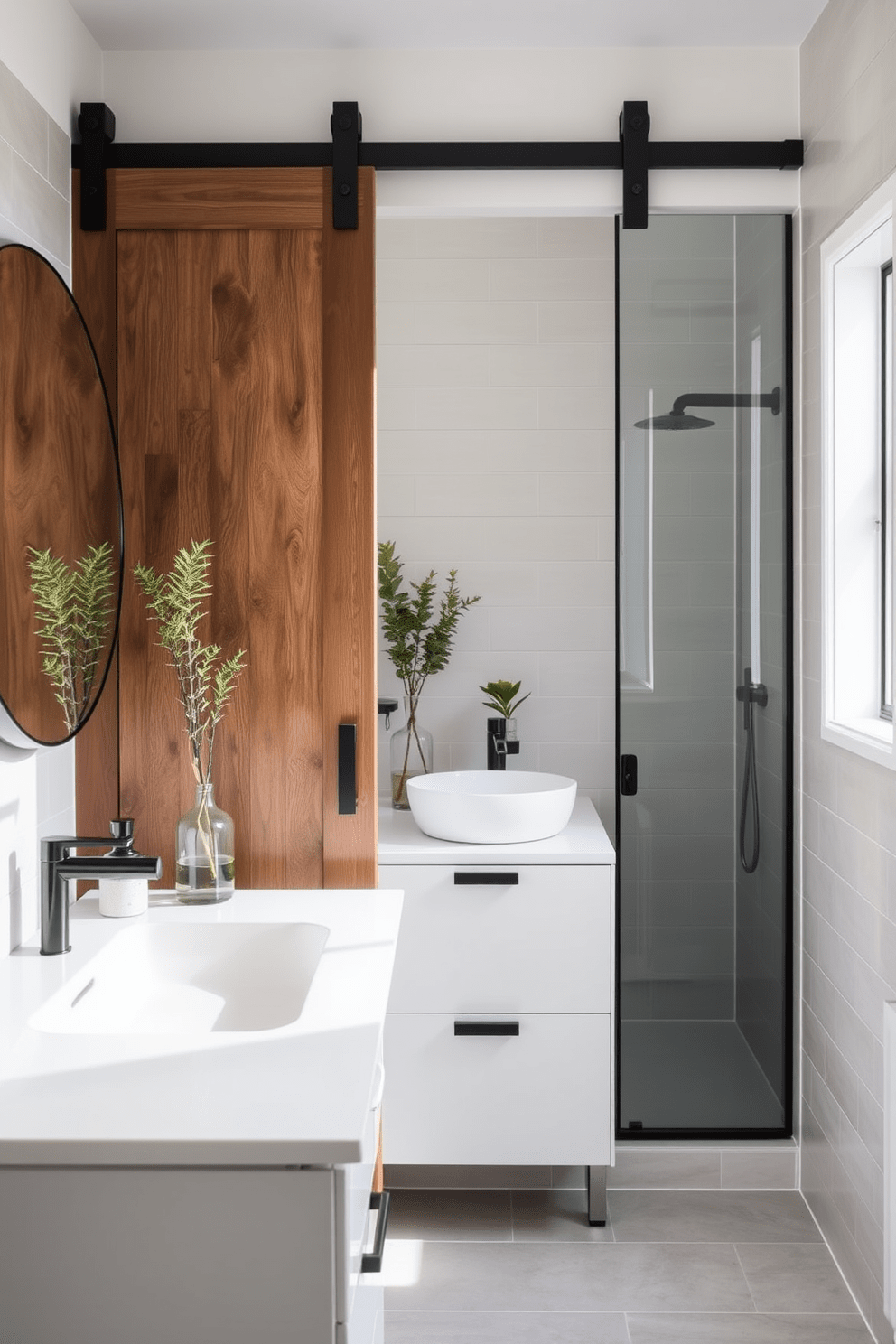 A modern three-quarter bathroom features a sliding barn door that enhances space-saving functionality while adding a rustic charm. The room includes a sleek shower area with glass doors, complemented by a floating vanity with a minimalist design. The walls are adorned with light gray tiles, creating a clean and airy atmosphere. A large round mirror above the vanity reflects natural light, while decorative plants add a touch of greenery to the space.