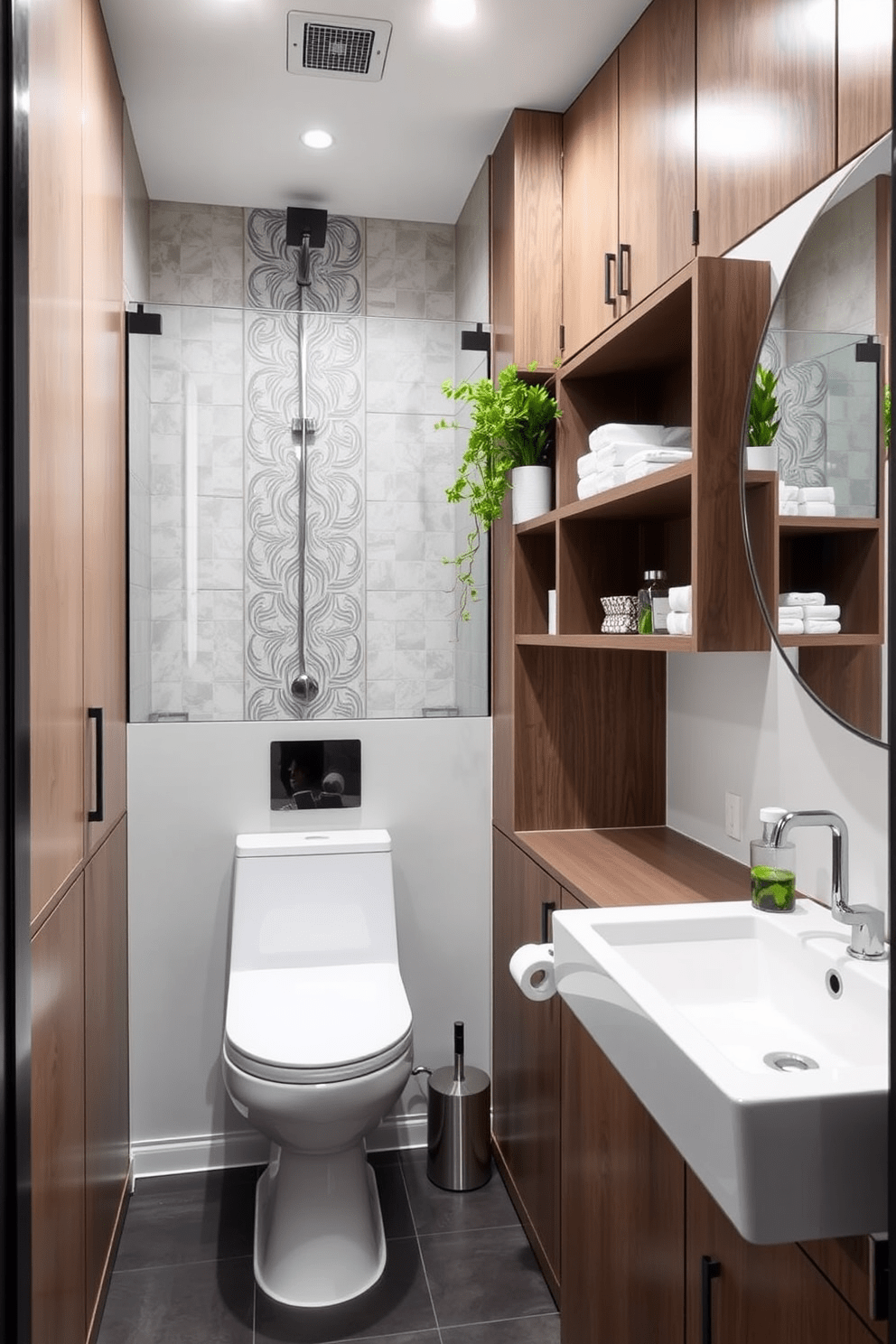 A modern three-quarter bathroom designed to maximize vertical space. The walls are adorned with sleek, floor-to-ceiling cabinetry that combines storage and style, featuring a mix of open shelves and closed cabinets. Above the toilet, a floating shelf holds decorative items and plants, adding a touch of greenery. The shower area is enclosed with clear glass, showcasing elegant tile work that draws the eye upward.