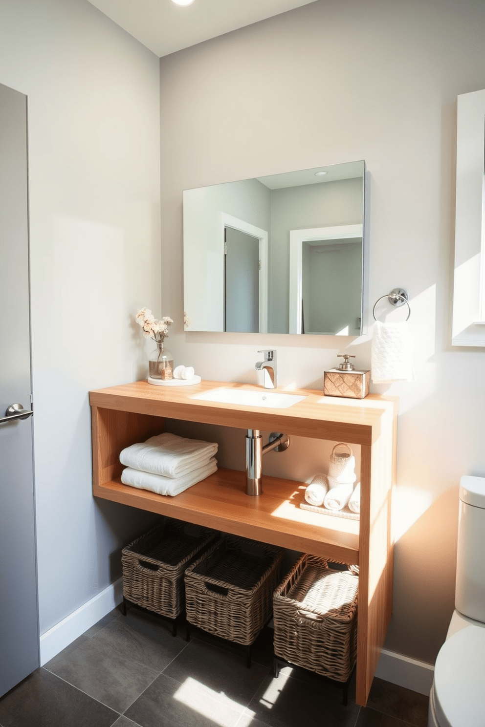 A modern three-quarter bathroom featuring a floating vanity with open shelving. The vanity is made of light wood and showcases neatly arranged towels and decorative baskets underneath. The walls are painted in a soft gray tone, creating a calming atmosphere. A large frameless mirror hangs above the vanity, reflecting natural light from a nearby window.