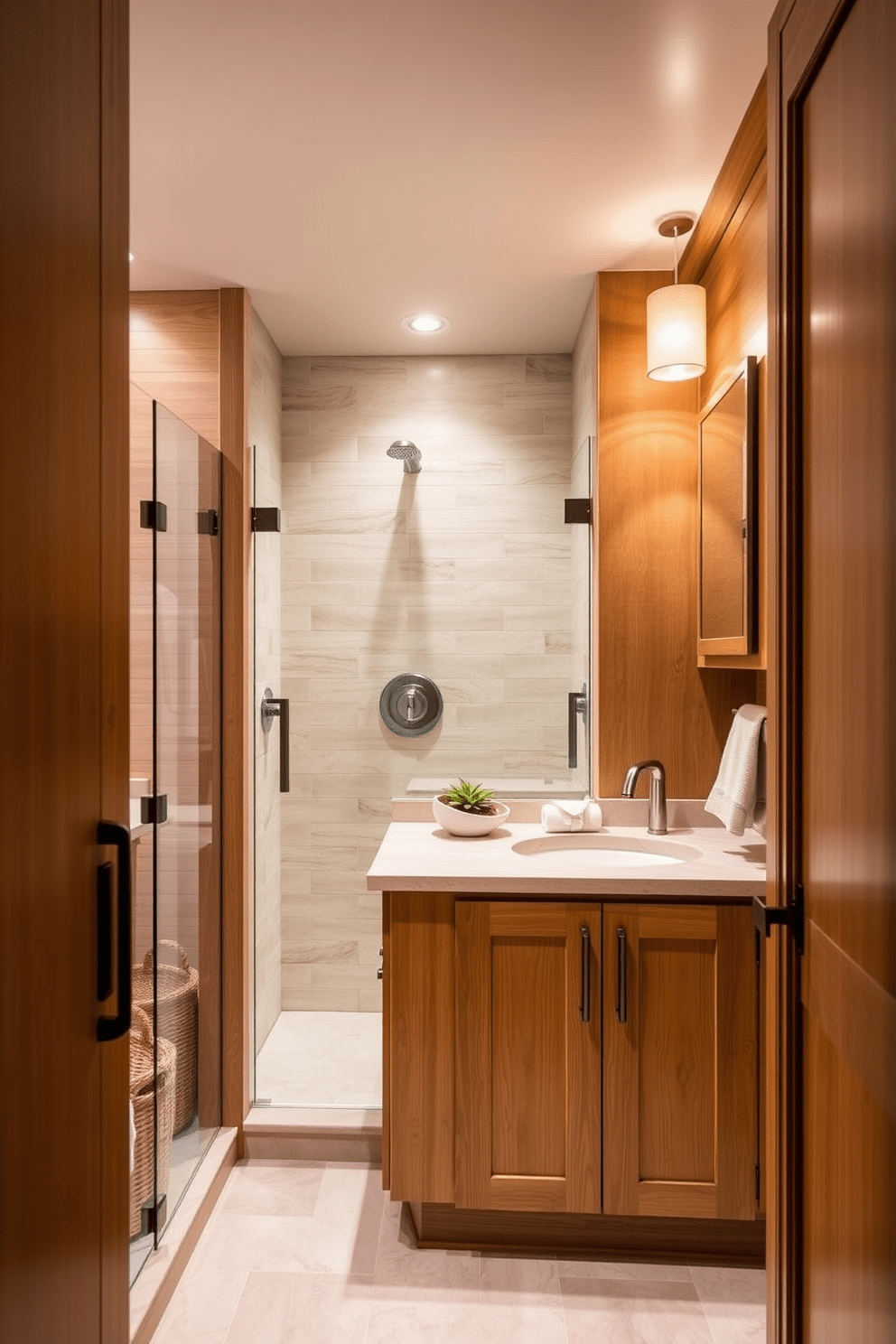 A three-quarter bathroom designed with natural wood finishes to create a warm and inviting atmosphere. The wooden cabinetry features sleek lines and a rich finish, complemented by a spacious shower area with glass doors and elegant tile work. Soft lighting fixtures are strategically placed to enhance the warmth of the wood while providing ample illumination. Accessories like woven baskets and plush towels in neutral tones add a touch of comfort and style to the space.