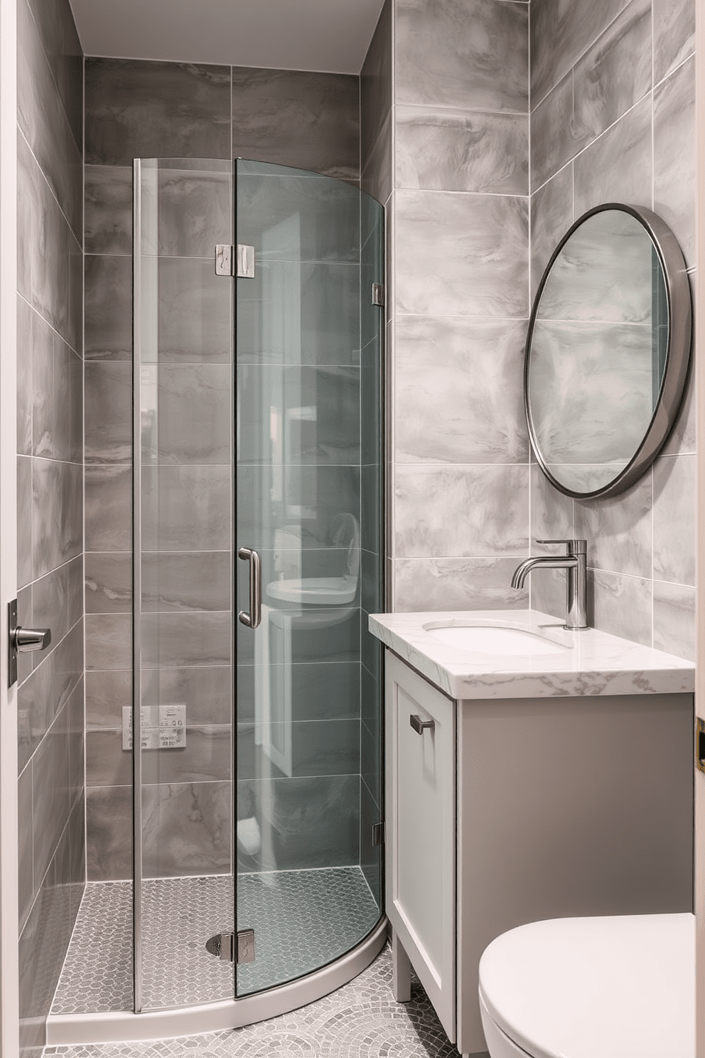 A compact corner shower features a sleek glass door that maximizes space while providing a modern touch. The walls are adorned with elegant ceramic tiles in soft gray tones, creating a serene atmosphere. A stylish vanity with a polished countertop sits adjacent to the shower, complemented by a round mirror above it. The floor is finished with chic mosaic tiles that add texture and interest to the overall design.