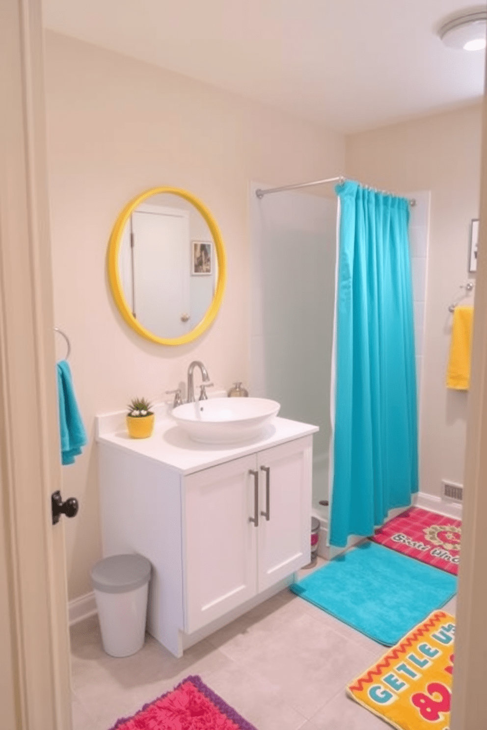 A three-quarter bathroom featuring a neutral color palette with soft beige walls and a light gray tile floor. The space is accented by vibrant accessories such as a bright turquoise shower curtain and colorful bath mats. The vanity is sleek and modern, with a white countertop and a single vessel sink. Above the sink, a round mirror with a bold yellow frame adds a pop of color to the serene environment.