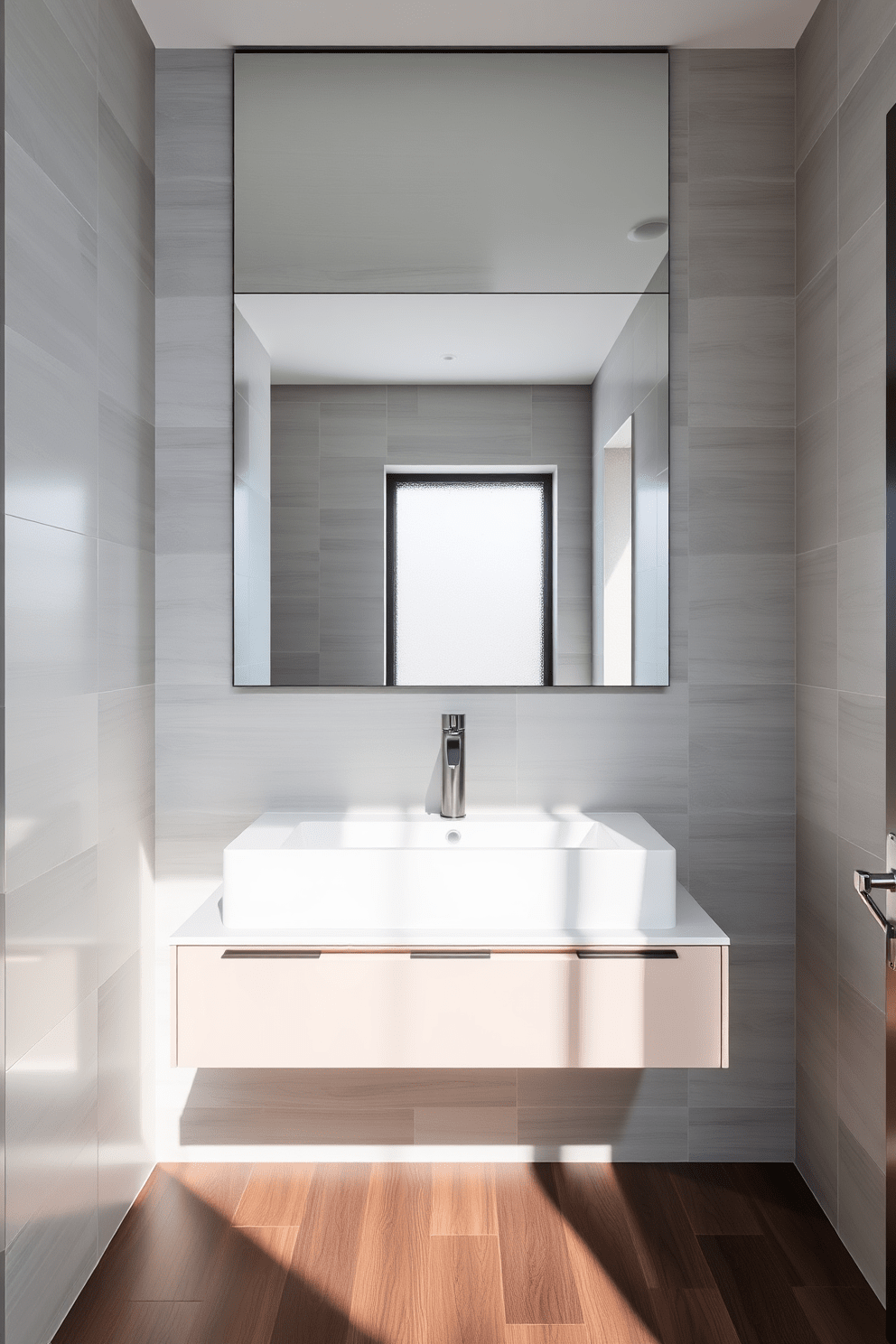 A modern three-quarter bathroom featuring a frameless mirror that creates an illusion of spaciousness. The walls are adorned with soft gray tiles, and the floor is finished with sleek, dark wood for a warm contrast. A minimalist floating vanity with a quartz countertop sits beneath the mirror, complemented by stylish matte black fixtures. Natural light streams in through a frosted window, highlighting the elegant design and enhancing the overall ambiance.