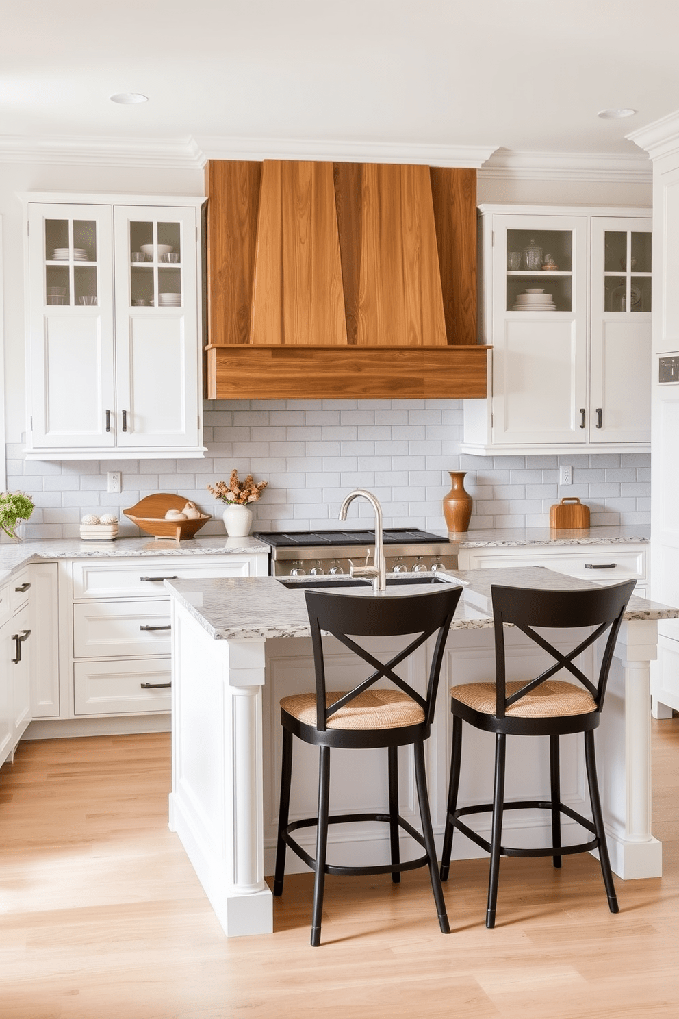 A timeless kitchen featuring classic white shaker cabinets that exude elegance. The space includes a large central island topped with a polished granite countertop, complemented by stylish bar stools. The backsplash is made of subway tiles in a soft gray hue, adding a modern touch. Warm wood accents are incorporated through open shelving and decorative elements throughout the kitchen.