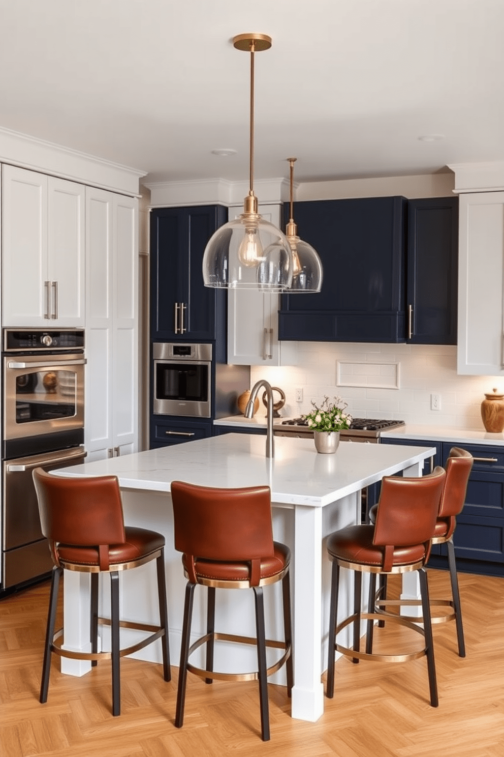 A modern kitchen featuring elegant pendant lighting that creates a warm and inviting atmosphere. The kitchen island is topped with a sleek quartz countertop, complemented by high-backed bar stools in a rich leather finish. The cabinetry is a mix of matte white and deep navy, providing a classic yet contemporary look. Stainless steel appliances are seamlessly integrated into the design, enhancing functionality and style.