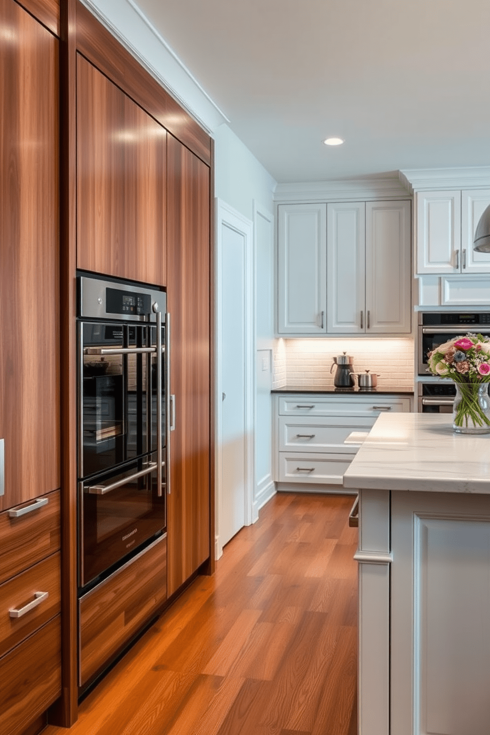 A modern kitchen featuring integrated appliances that blend seamlessly into the cabinetry. The sleek design includes a built-in refrigerator and dishwasher, creating a cohesive look with the custom wood finishes. A timeless kitchen design that emphasizes functionality and elegance. The space showcases a large island with a marble countertop, surrounded by classic shaker-style cabinets in a soft white finish.