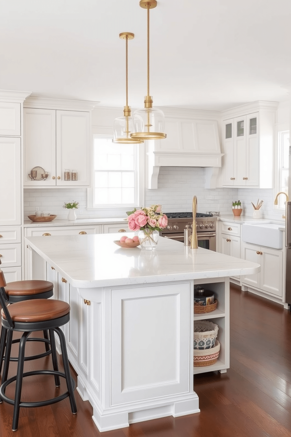 A large kitchen island serves as the centerpiece for gathering, featuring a stunning quartz countertop that invites family and friends to gather around. Underneath, spacious cabinetry provides ample storage, while stylish bar stools create a casual dining atmosphere. Timeless kitchen design ideas include classic white cabinetry paired with brushed brass hardware, creating a clean and elegant look. A farmhouse sink and vintage-inspired faucet enhance the charm, while subtle backsplash tiles add texture and interest to the space.