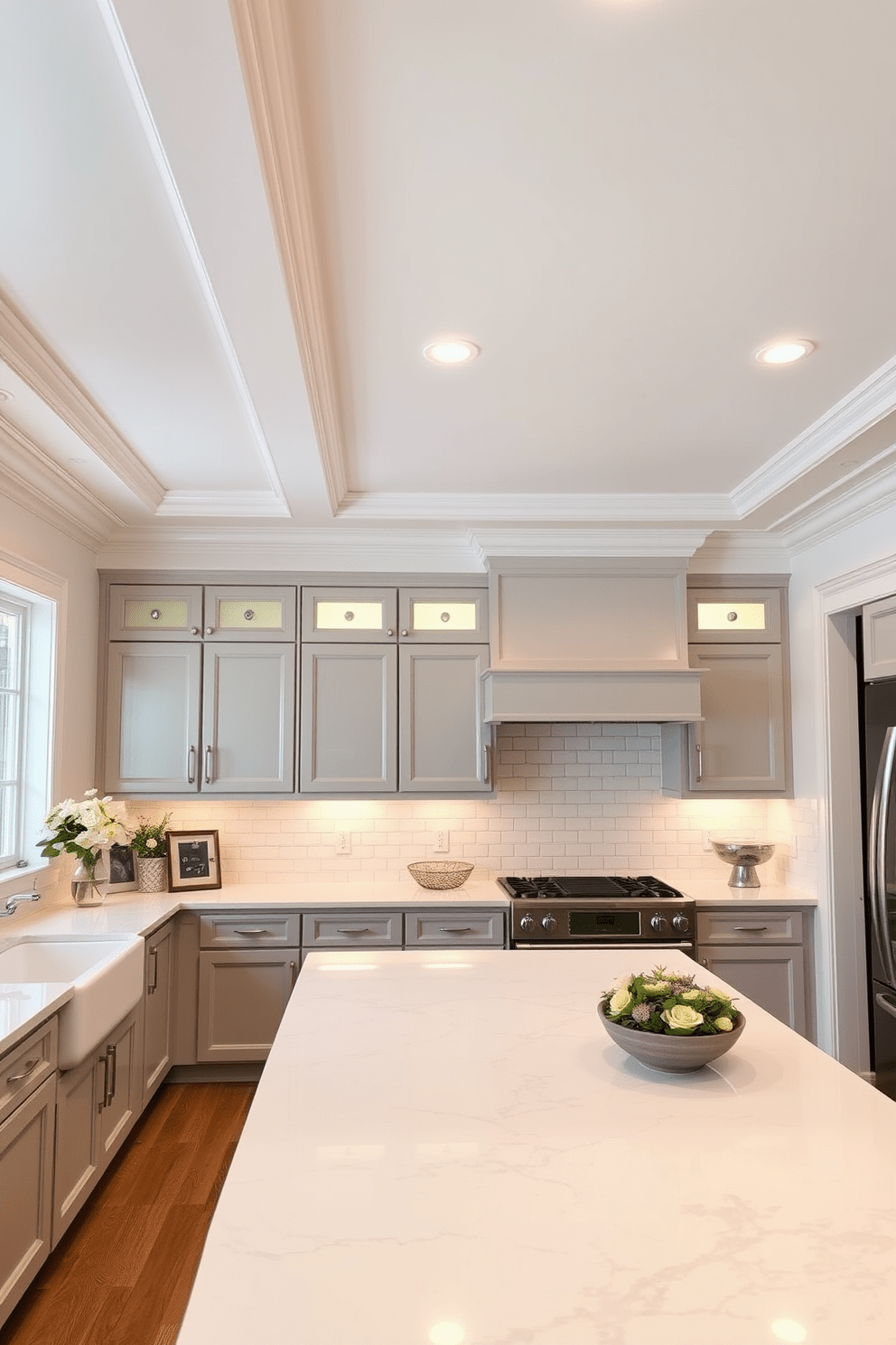 Crown molding for refined sophistication. Elegant white crown molding adorns the ceiling, creating a seamless transition between the walls and ceiling while adding a touch of grandeur to the space. Timeless kitchen design ideas. The kitchen features a spacious layout with classic shaker cabinets in a soft gray finish, complemented by a large island topped with a stunning white quartz countertop.