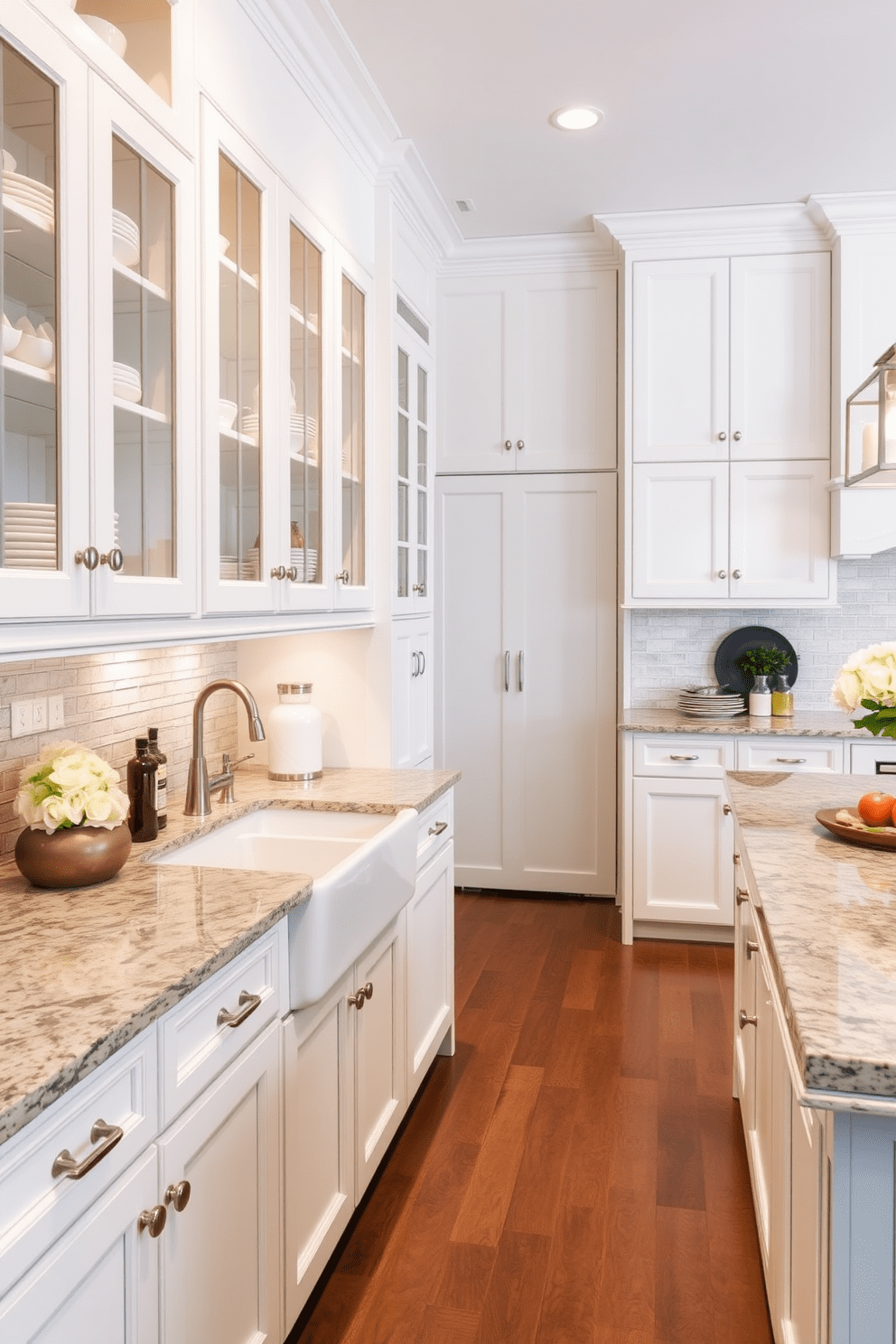 A butler's pantry designed for extra storage and food preparation features custom cabinetry with glass doors showcasing elegant dishware. The countertops are made of polished granite, and a small sink is integrated into the design for convenience. Timeless kitchen design ideas incorporate classic elements such as a farmhouse sink and shaker-style cabinets painted in soft white. A large central island with seating provides a welcoming space for family gatherings and meal preparation.