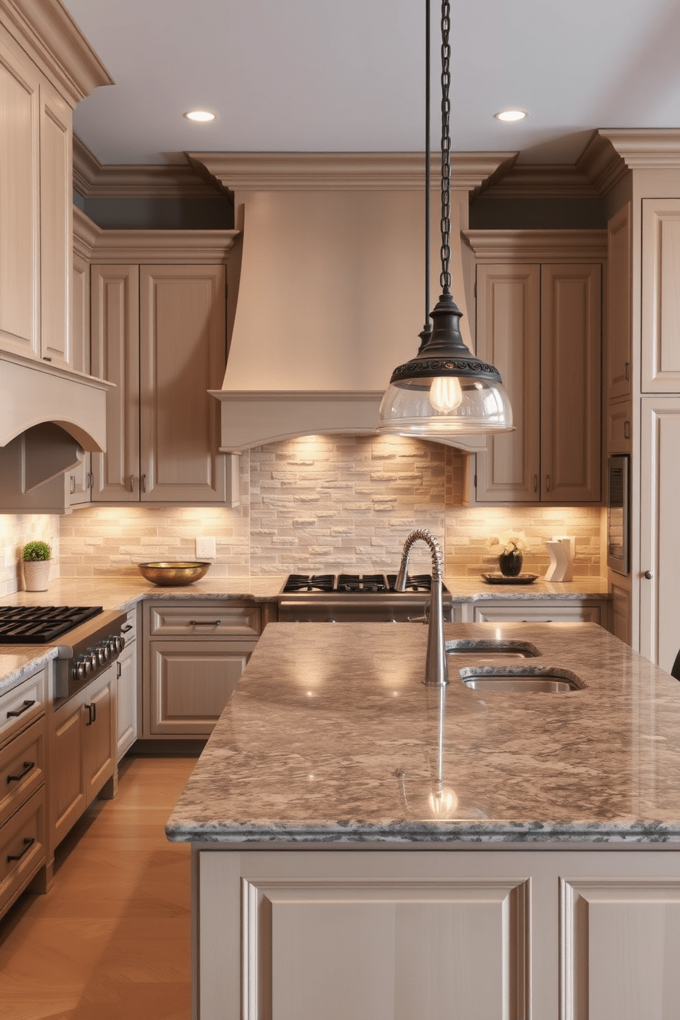 A timeless kitchen design featuring natural stone accents that enhance the organic beauty of the space. The kitchen includes a large island with a polished granite countertop, surrounded by elegant wooden cabinetry in a soft cream finish. Above the island, pendant lights with a warm glow illuminate the area, creating an inviting atmosphere. The backsplash is made of natural stone tiles in earthy tones, harmonizing with the overall aesthetic of the kitchen.