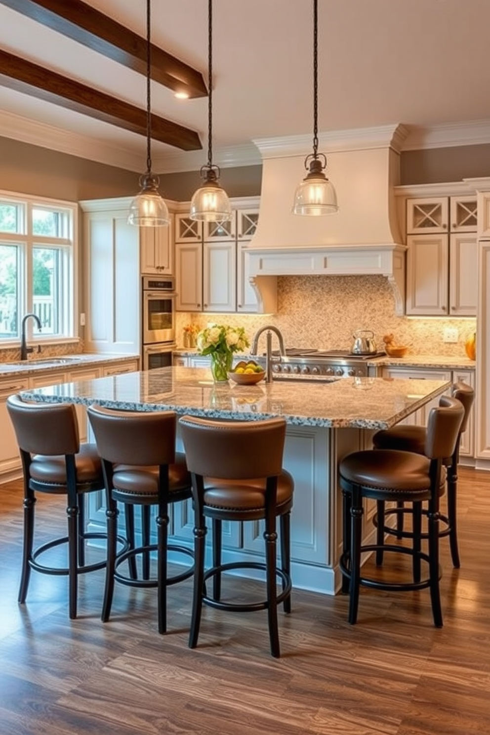 Classic bar stools for seating versatility. The kitchen features a large island with a polished granite countertop, surrounded by elegant bar stools upholstered in soft leather. Timeless kitchen design ideas incorporate a blend of traditional cabinetry and modern appliances. The space is illuminated by warm pendant lights, creating an inviting atmosphere perfect for family gatherings.