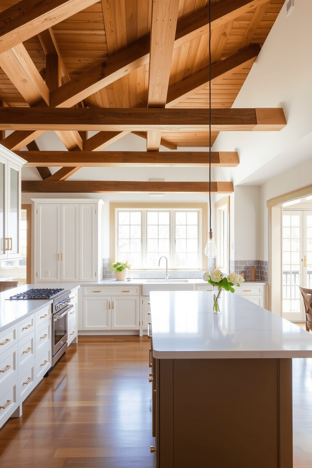 A spacious kitchen featuring exposed wood beams that add architectural interest to the space. The cabinetry is a classic white with brass hardware, complemented by a large island topped with a sleek quartz countertop. The backsplash consists of subway tiles in a soft gray hue, creating a timeless look. Natural light floods the room through large windows, illuminating the warm wood tones and inviting atmosphere.