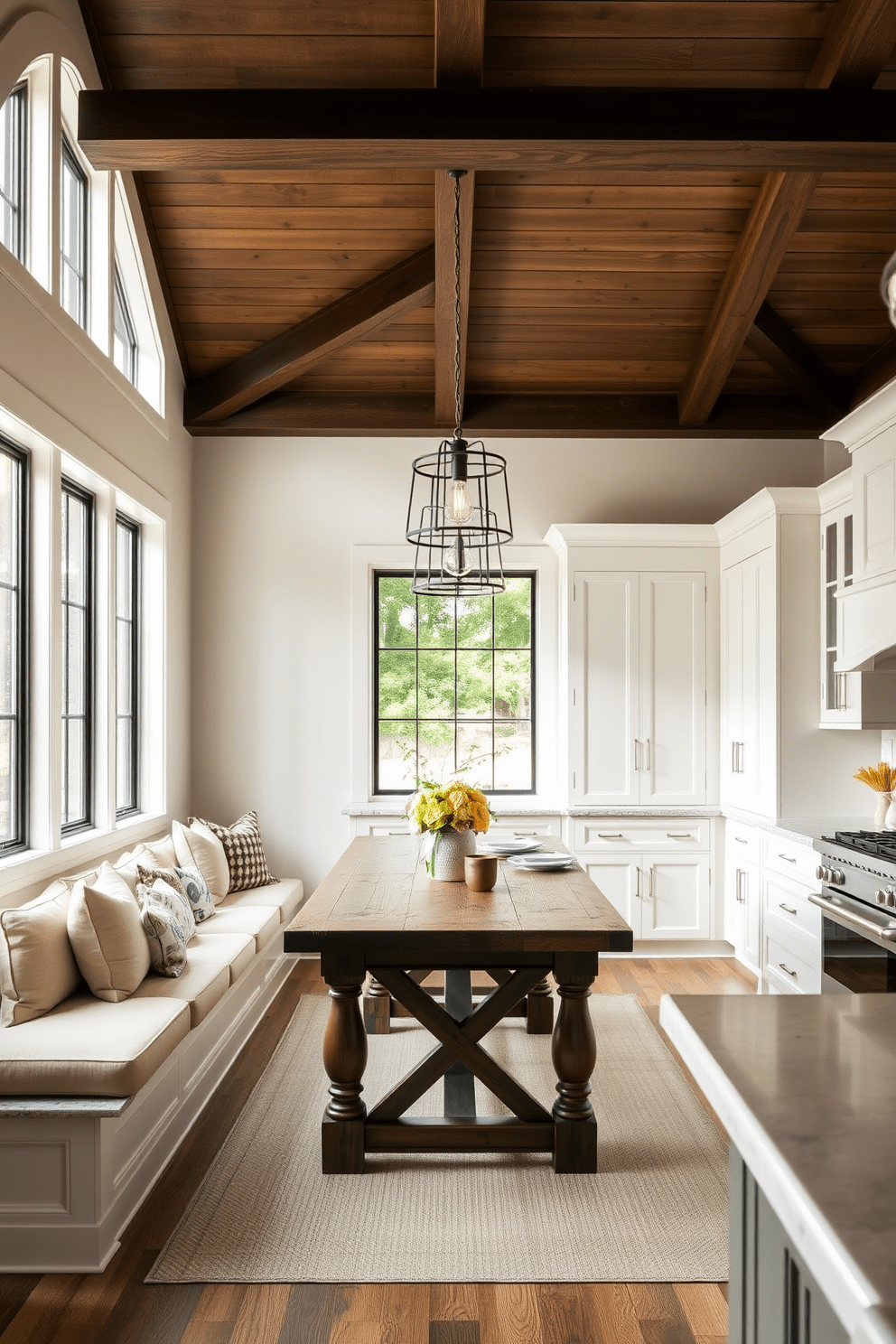 A cozy dining nook features built-in benches with plush cushions, creating an inviting atmosphere for family meals. Natural light floods the space through large windows, highlighting a rustic wooden table surrounded by stylish pendant lighting. Timeless kitchen design showcases elegant cabinetry with a classic finish, paired with a large central island for both functionality and style. The space is accented with high-end appliances and a harmonious color palette of soft whites and rich woods.