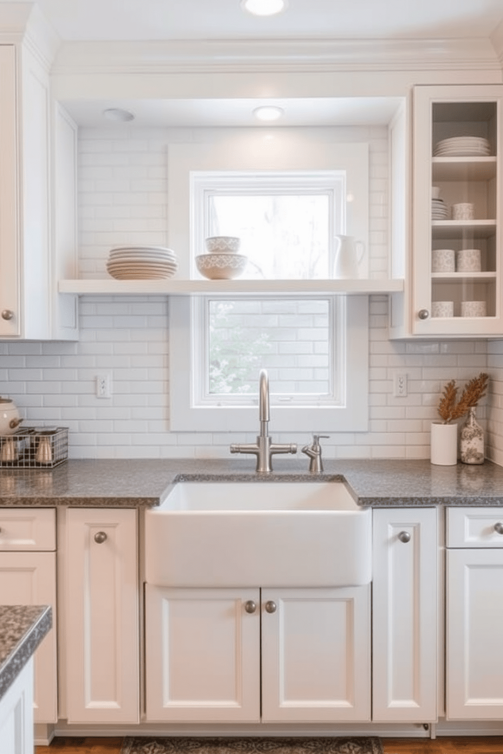 A timeless kitchen design featuring a subway tile backsplash that adds a classic touch. The cabinets are a soft white with brushed nickel hardware, and the countertops are a rich gray quartz that complements the tile. Incorporate open shelving above the countertop to display elegant dishware and decor. A large farmhouse sink sits beneath a window, allowing natural light to brighten the space.