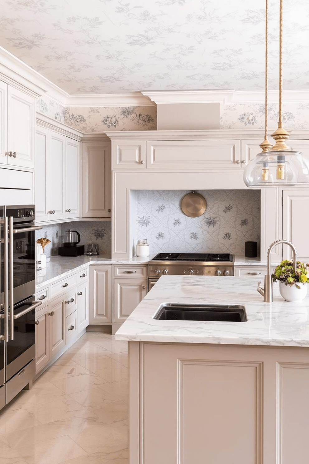 A kitchen featuring timeless wallpaper that adds texture and warmth to the space. The wallpaper showcases a subtle floral pattern in soft hues, complementing the elegant cabinetry and modern appliances. The kitchen includes a large central island with a marble countertop that serves as both a cooking and dining area. Pendant lights hang above the island, providing both functionality and a touch of sophistication.