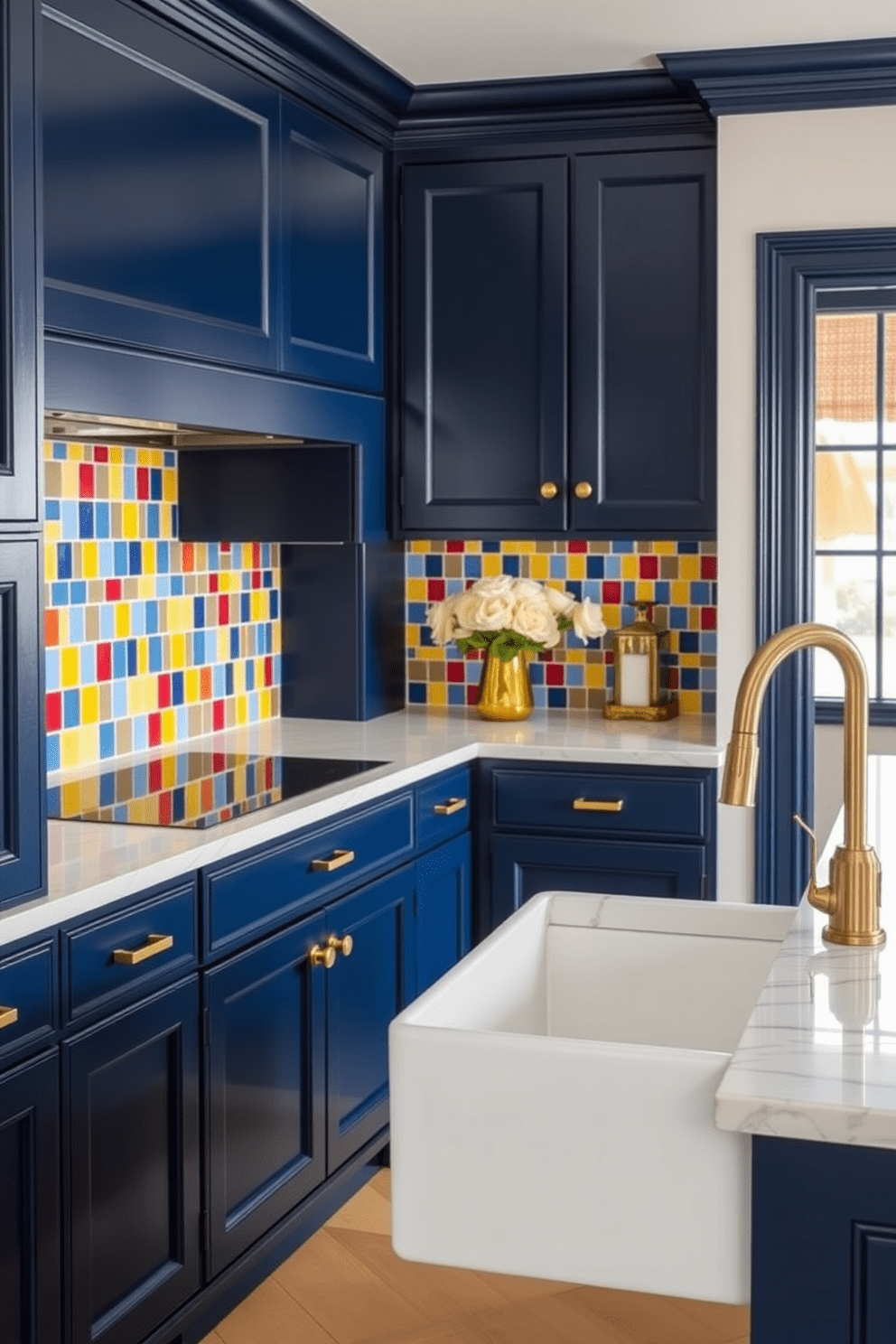 A vibrant kitchen featuring colorful backsplashes that add a pop of color to the overall design. The backsplash showcases a mosaic of bright tiles in shades of blue, yellow, and red, creating a cheerful focal point. A timeless kitchen design that blends classic elegance with modern functionality. The cabinetry is a rich navy blue with brass hardware, complemented by a white marble countertop and a farmhouse sink.