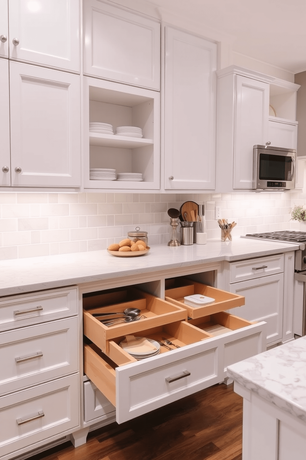 A timeless kitchen design featuring functional pull-out drawers for convenience. The cabinetry is a soft white with brushed nickel hardware, and the countertops are a classic quartz in a light gray tone.