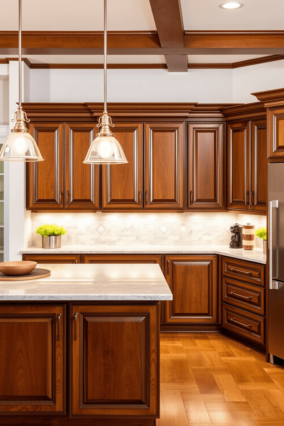 A timeless kitchen design featuring high-quality cabinetry that combines functionality and elegance. The cabinetry is crafted from rich wood with a polished finish, offering ample storage and a classic aesthetic. The kitchen includes a spacious island with a stunning quartz countertop, perfect for meal preparation and casual dining. Pendant lights hang gracefully above the island, illuminating the space with a warm and inviting glow.