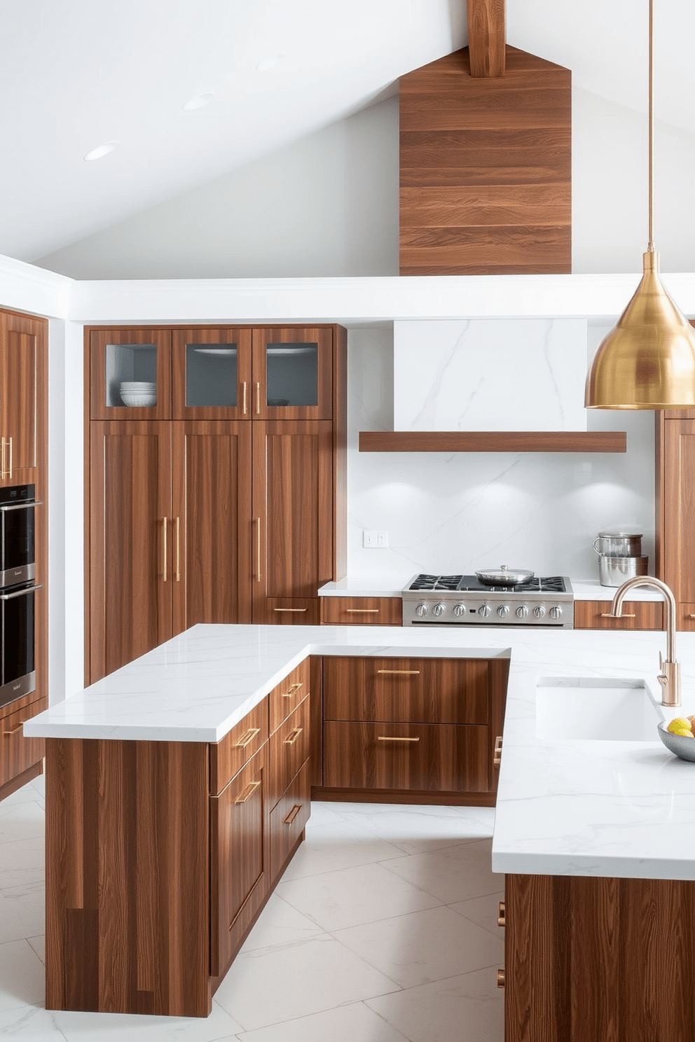 A timeless kitchen design featuring mixed materials for visual interest and depth. The cabinetry combines rich walnut wood with sleek white marble countertops, creating a warm yet modern aesthetic. An oversized island serves as the centerpiece, topped with a stunning quartz surface and adorned with stylish bar stools. Pendant lights with a brushed brass finish hang above, adding a touch of elegance to the space.