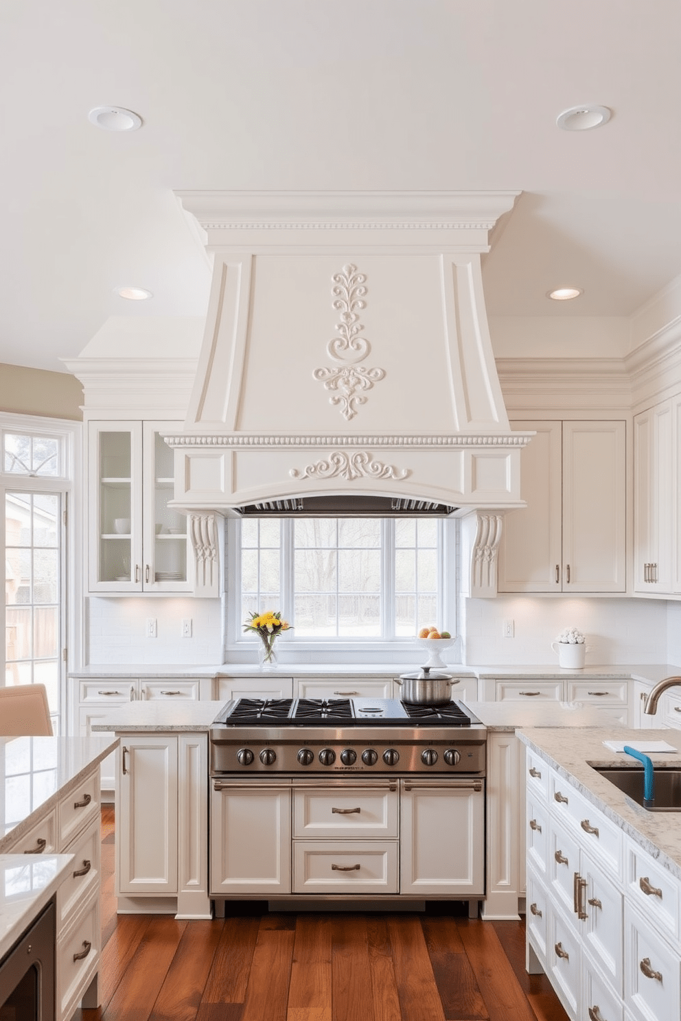 A stunning kitchen featuring a decorative range hood as the focal point. The range hood is intricately designed with ornate details and complements the surrounding cabinetry. The kitchen boasts a timeless design with classic white shaker cabinets and a large central island. Soft natural light filters through large windows, enhancing the warm tones of the wooden flooring.