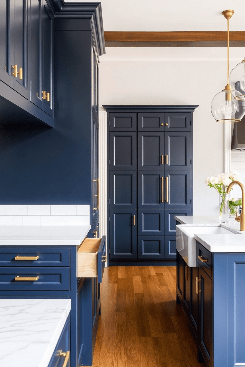 A timeless kitchen design featuring soft-close drawers for modern functionality. The cabinetry is a rich navy blue with brass handles, complemented by a white marble island that serves as a focal point. The backsplash is adorned with classic subway tiles, and the flooring consists of warm hardwood planks. Elegant pendant lights hang above the island, creating a warm and inviting atmosphere.