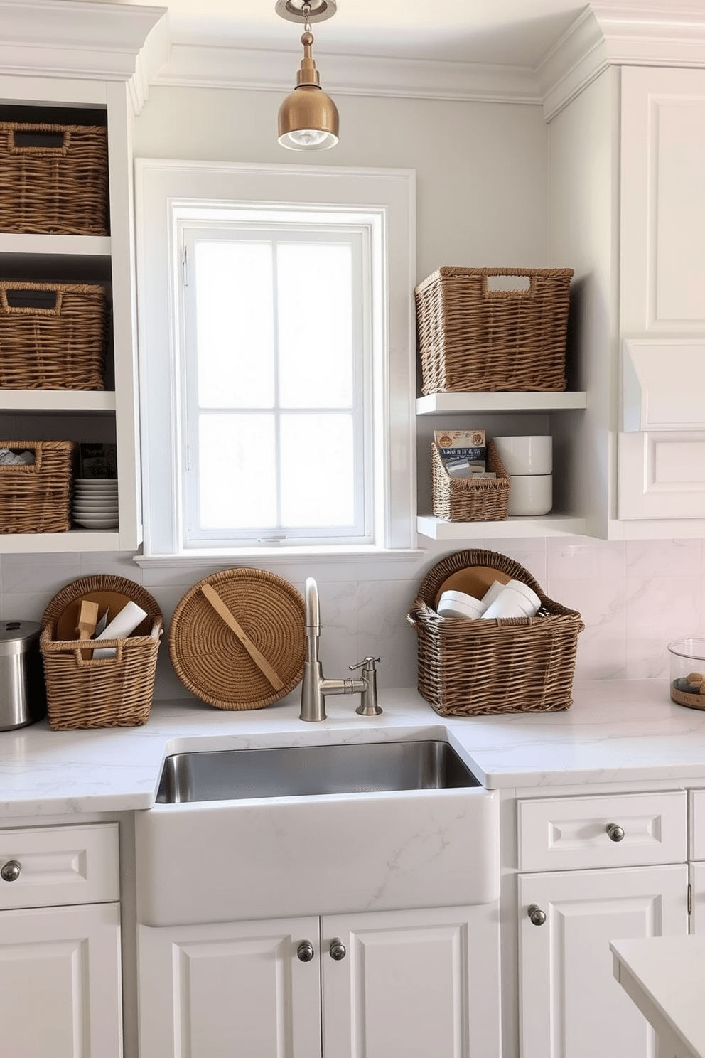 Woven baskets are strategically placed on open shelves, adding texture and warmth to the kitchen while providing stylish organization. Each basket is filled with neatly arranged kitchen essentials, creating an inviting and functional space. The kitchen features classic white cabinetry paired with a stunning marble backsplash, enhancing the timeless appeal of the design. A large farmhouse sink sits beneath a window, allowing natural light to illuminate the beautiful workspace.