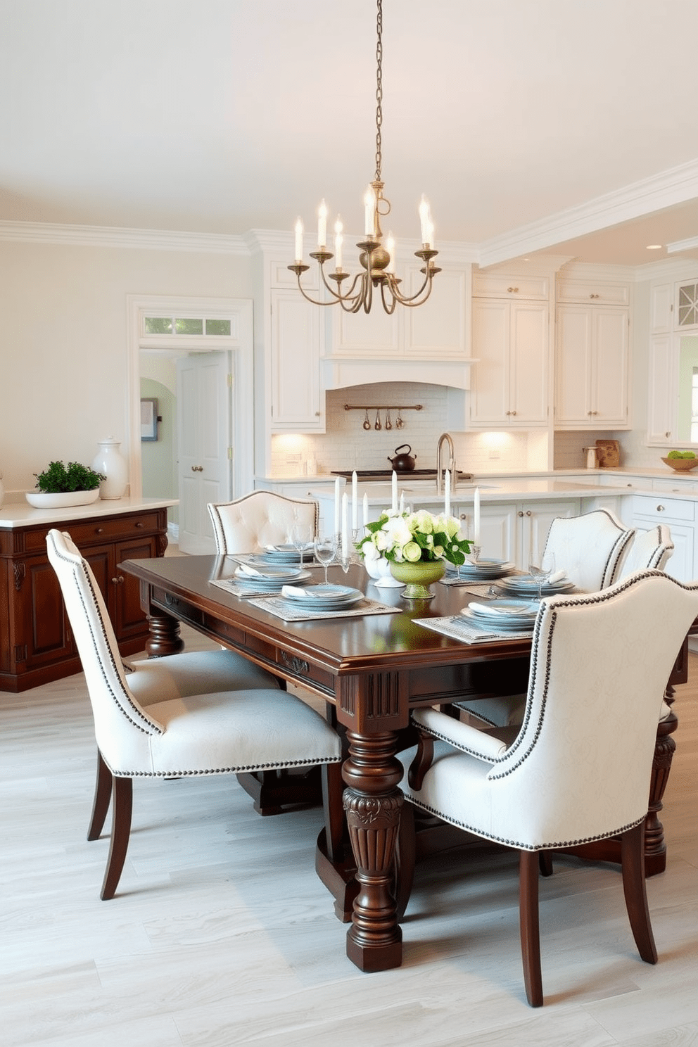 A classic dining table set for family gatherings. The table is made of rich mahogany with intricate carvings, surrounded by upholstered chairs in a soft cream fabric. Timeless kitchen design ideas featuring a spacious layout. The cabinetry is painted in a crisp white with brushed nickel hardware, complemented by a large farmhouse sink and a central island topped with quartz.