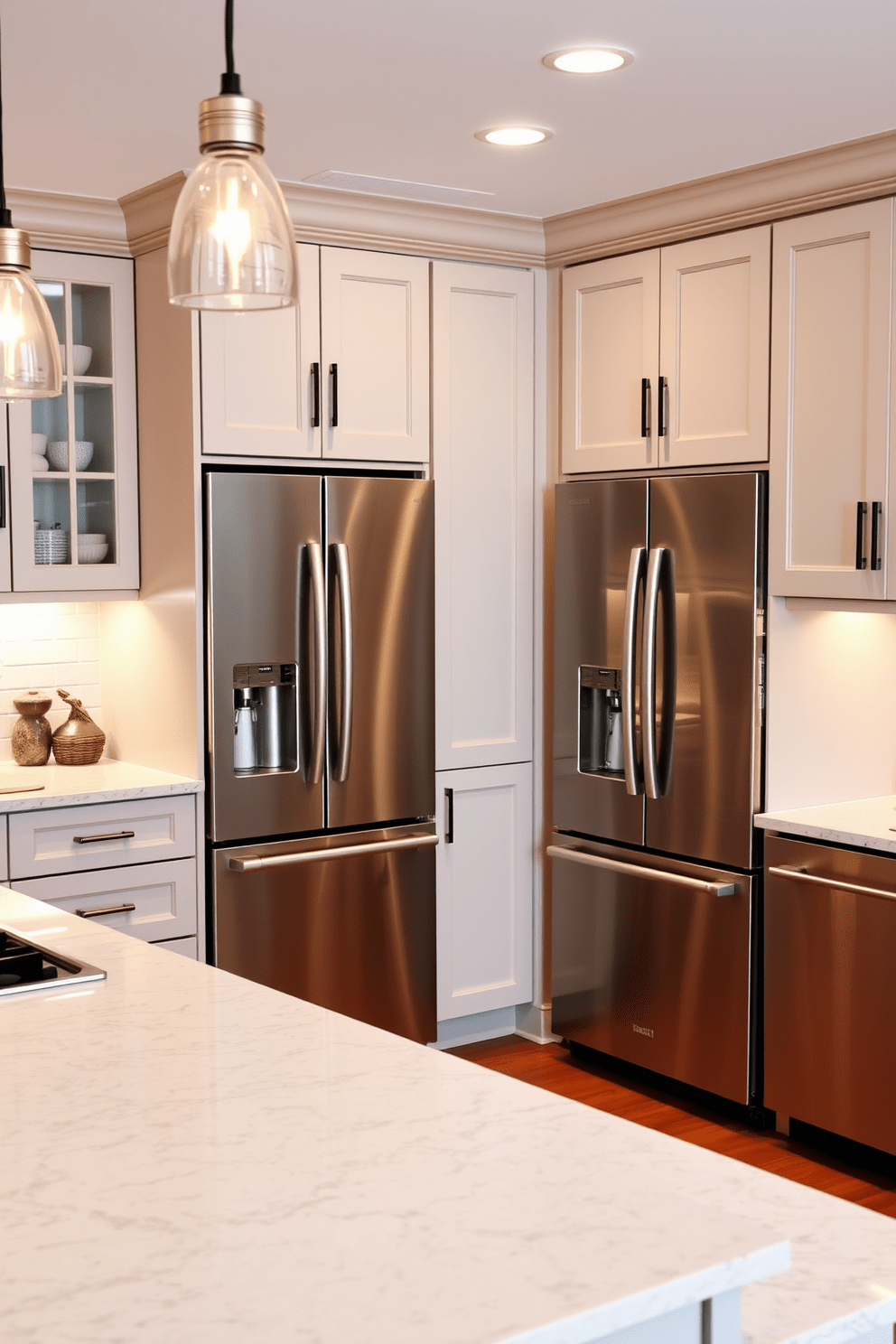 A modern kitchen featuring stainless steel appliances that enhance both functionality and style. The sleek refrigerator, oven, and dishwasher are seamlessly integrated into the cabinetry, creating a cohesive and efficient workspace. The design incorporates a large island with a polished quartz countertop, providing ample space for meal preparation and casual dining. Pendant lights hang above the island, adding warmth and character to the timeless aesthetic of the kitchen.