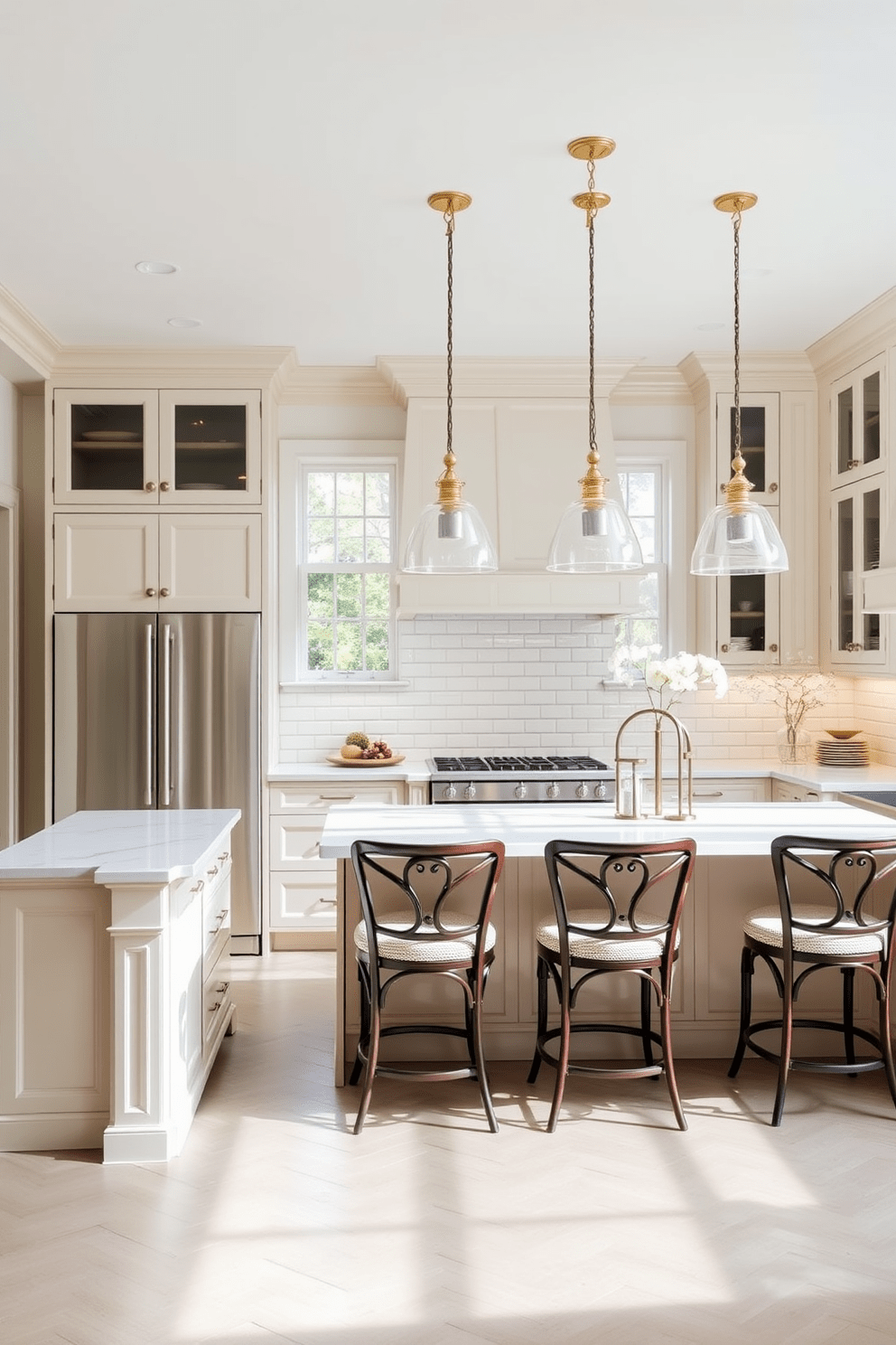 A timeless kitchen design featuring a spacious island with a white marble countertop and elegant bar stools. The cabinetry is a soft cream color with brass hardware, complemented by a classic subway tile backsplash. The kitchen is illuminated by pendant lights hanging above the island, creating a warm and inviting atmosphere. Natural light floods the space through large windows, highlighting the neutral color palette and enhancing the overall beauty.