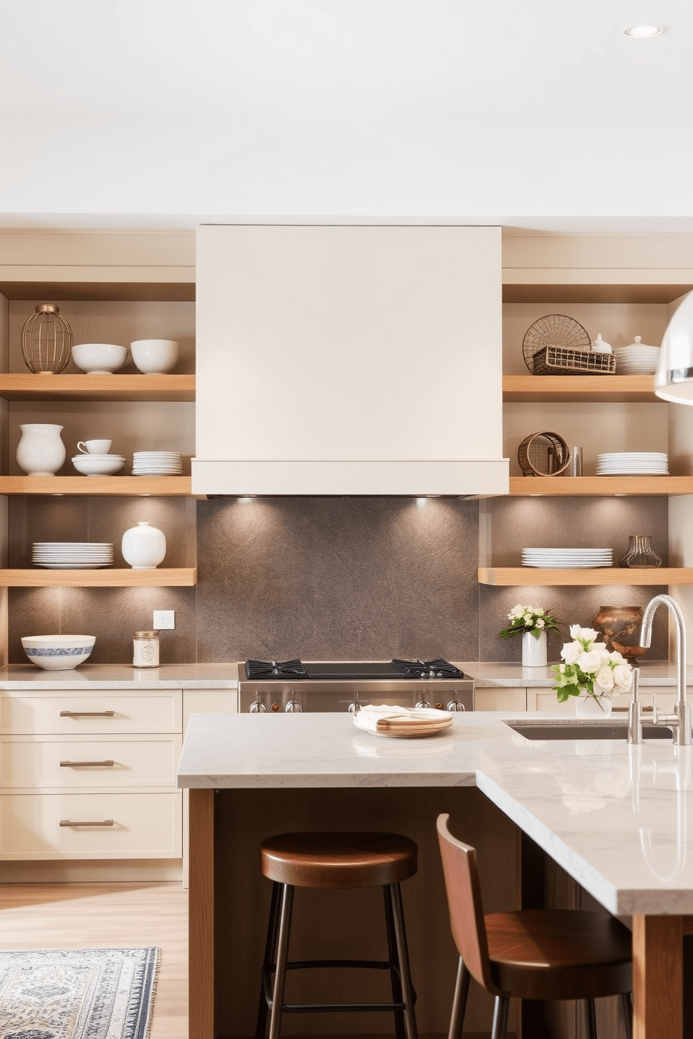 A timeless kitchen design features open shelving that showcases beautiful dishware and decorative items. The shelves are made of natural wood, complementing the sleek cabinetry and creating a warm, inviting atmosphere. The kitchen island serves as a central gathering point, with bar stools arranged around it for casual dining. Soft, ambient lighting highlights the elegant finishes and enhances the overall aesthetic of the space.