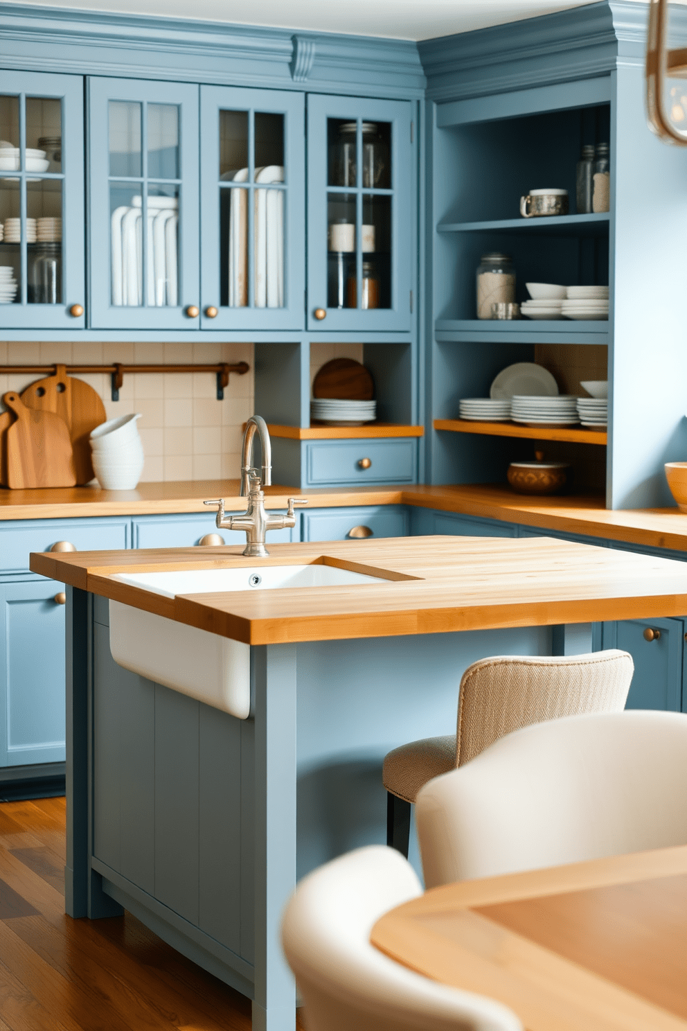 A cozy kitchen featuring a farmhouse sink made of white porcelain with a vintage-style faucet. The cabinetry is painted in soft blue with brass hardware, and the countertops are made of warm wood, creating a rustic yet timeless atmosphere. The kitchen island is topped with a butcher block surface, surrounded by high-backed stools in a neutral fabric. Open shelves display rustic dishware and mason jars, adding charm and functionality to the space.