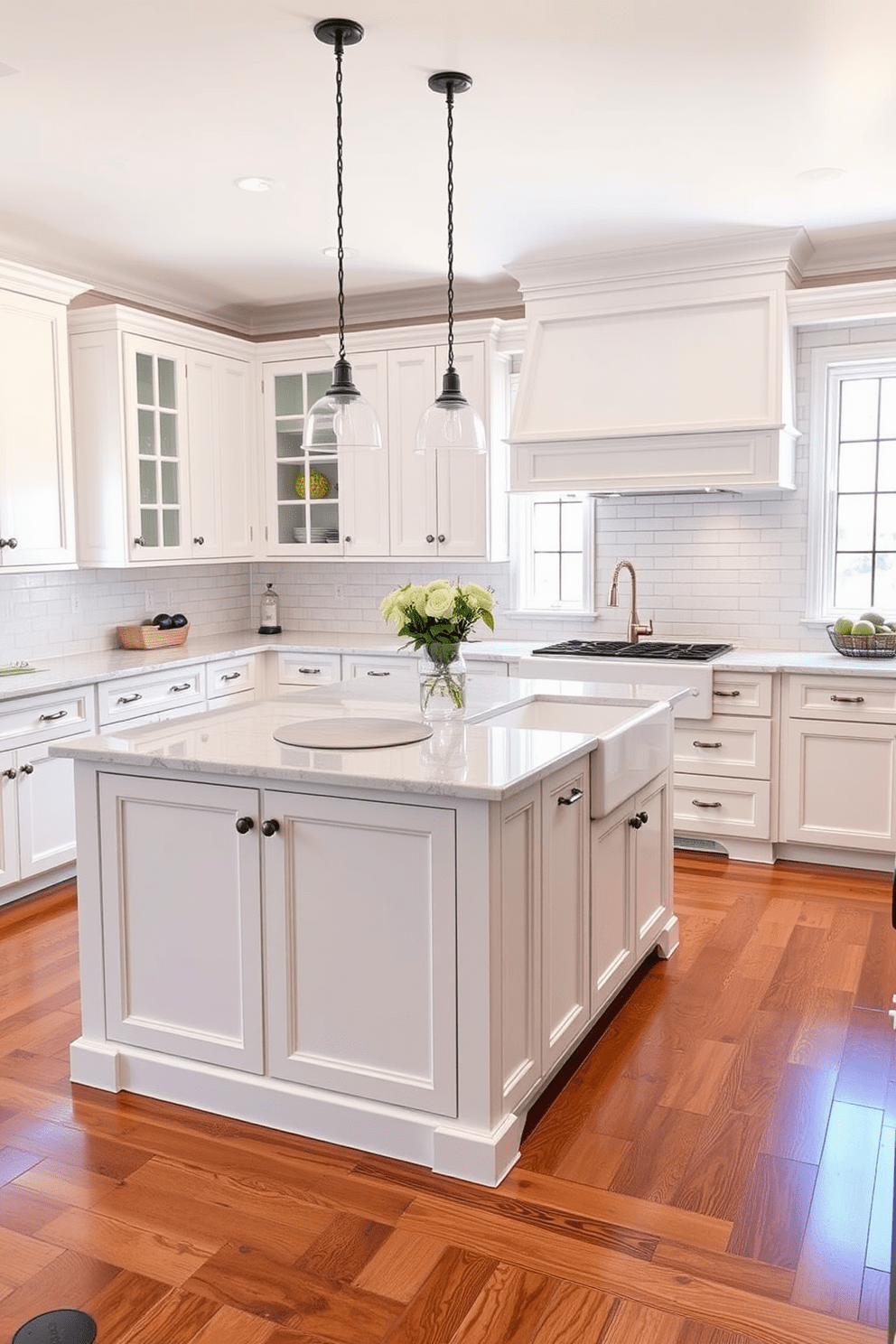 A timeless kitchen design featuring hardwood flooring that adds warmth and durability to the space. The cabinetry is a classic white with elegant hardware, complemented by a large farmhouse sink and a central island topped with a beautiful quartz countertop.