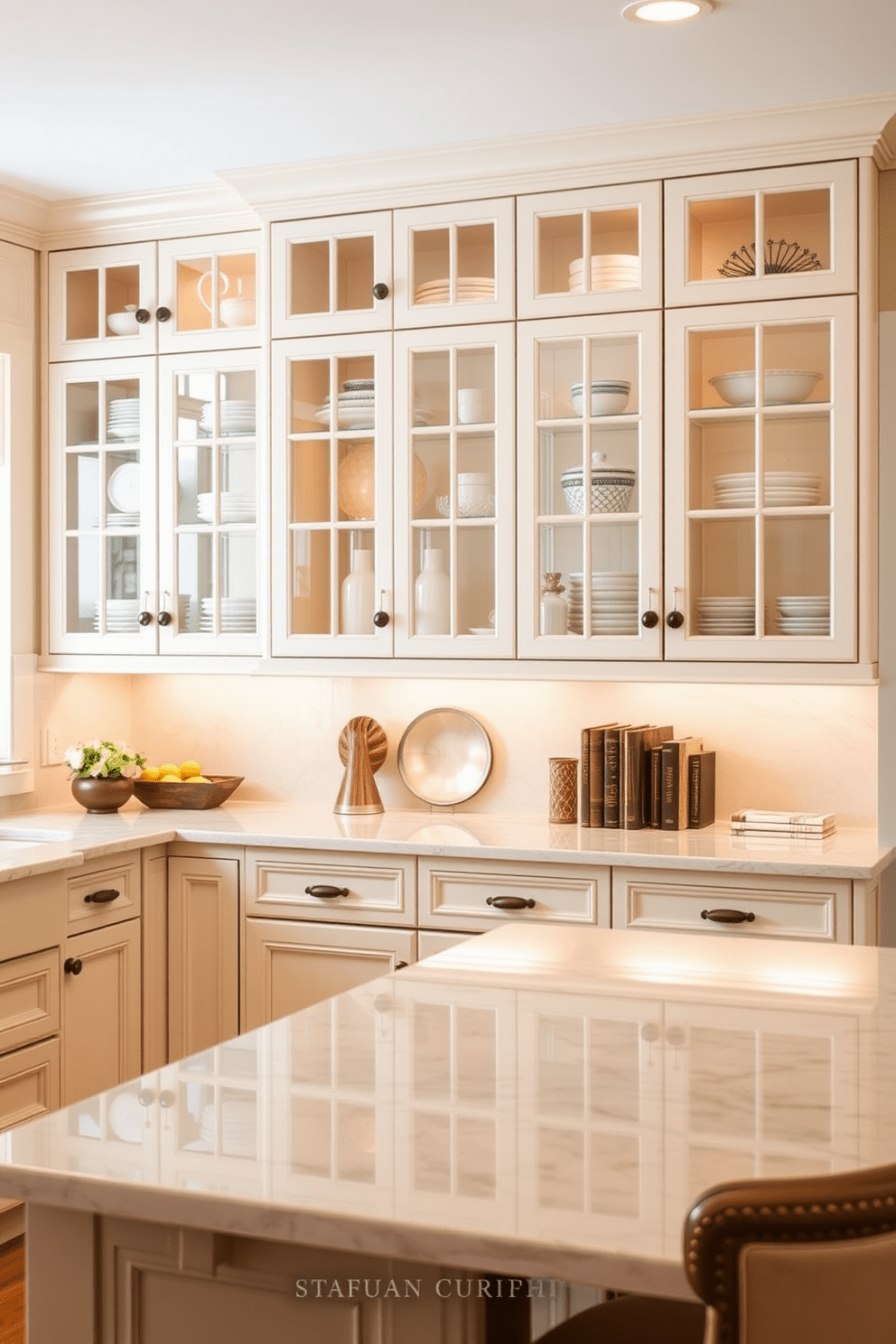 A timeless kitchen design featuring glass-front cabinets that create a light and airy atmosphere. The cabinets are filled with elegant dishware, and the countertops are made of polished marble, complementing the overall aesthetic. The kitchen island serves as a central gathering space, adorned with stylish bar stools. Soft, warm lighting illuminates the space, highlighting the intricate details of the cabinetry and the inviting color palette.