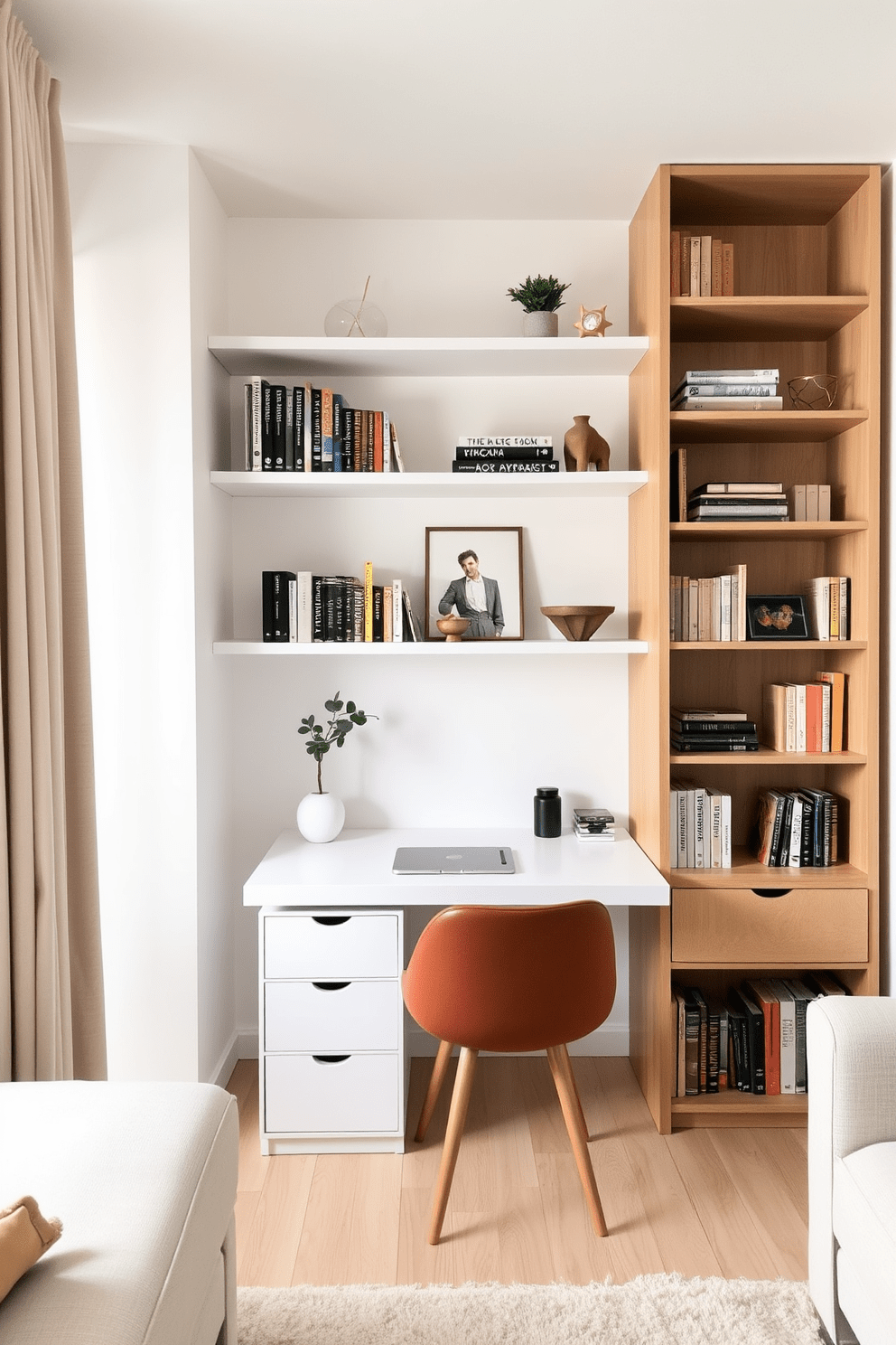 Maximize vertical space with shelves in a cozy tiny apartment. Incorporate floating shelves above a minimalist desk to display books and decorative items. Use tall bookcases that reach the ceiling to create an illusion of height and provide ample storage. Choose a light color palette for walls and furniture to enhance the sense of openness and airiness.