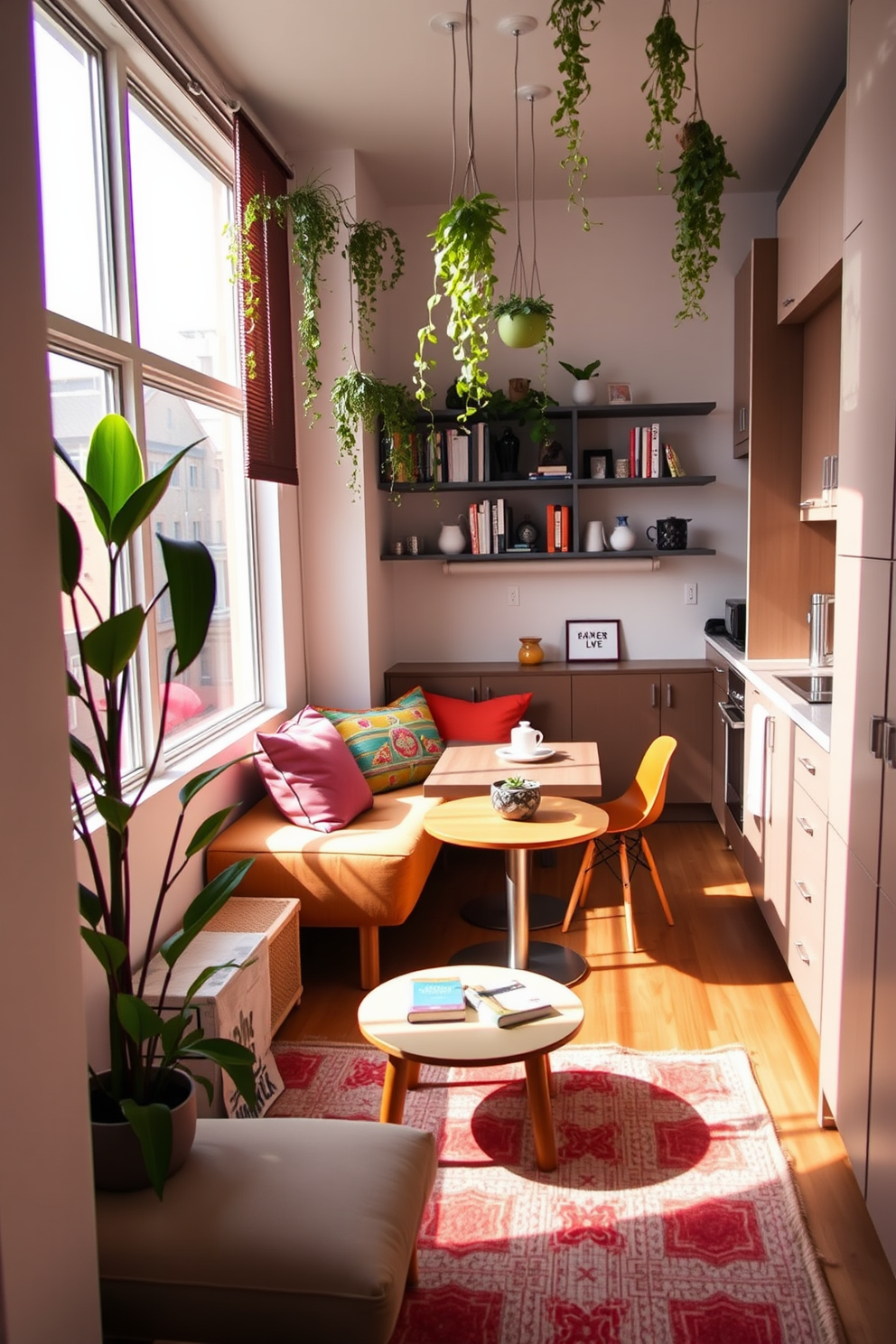 A cozy tiny apartment with a modern aesthetic. The living area features a compact sofa adorned with colorful cushions, and a small coffee table sits in front of it. In one corner, a tall indoor plant adds a refreshing touch, while shelves filled with books and decorative items line the walls. The kitchen area is efficiently designed with sleek cabinets and a small dining table for two, creating an inviting atmosphere. Natural light streams in through a large window, illuminating the space and enhancing the vibrant decor. A few hanging plants add life to the room, making it feel airy and open despite its size.