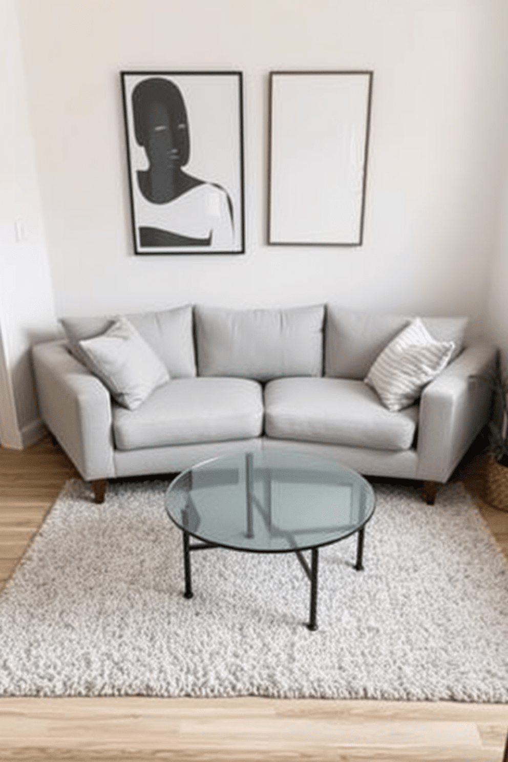 A compact sectional sofa is positioned in the corner of the living room, maximizing space while providing comfortable seating. The fabric is a light gray, complementing the soft pastel colors of the surrounding decor. In front of the sectional, a round coffee table with a glass top rests on a cozy area rug that adds warmth to the room. The walls are adorned with minimalist artwork, enhancing the modern aesthetic of the tiny apartment.