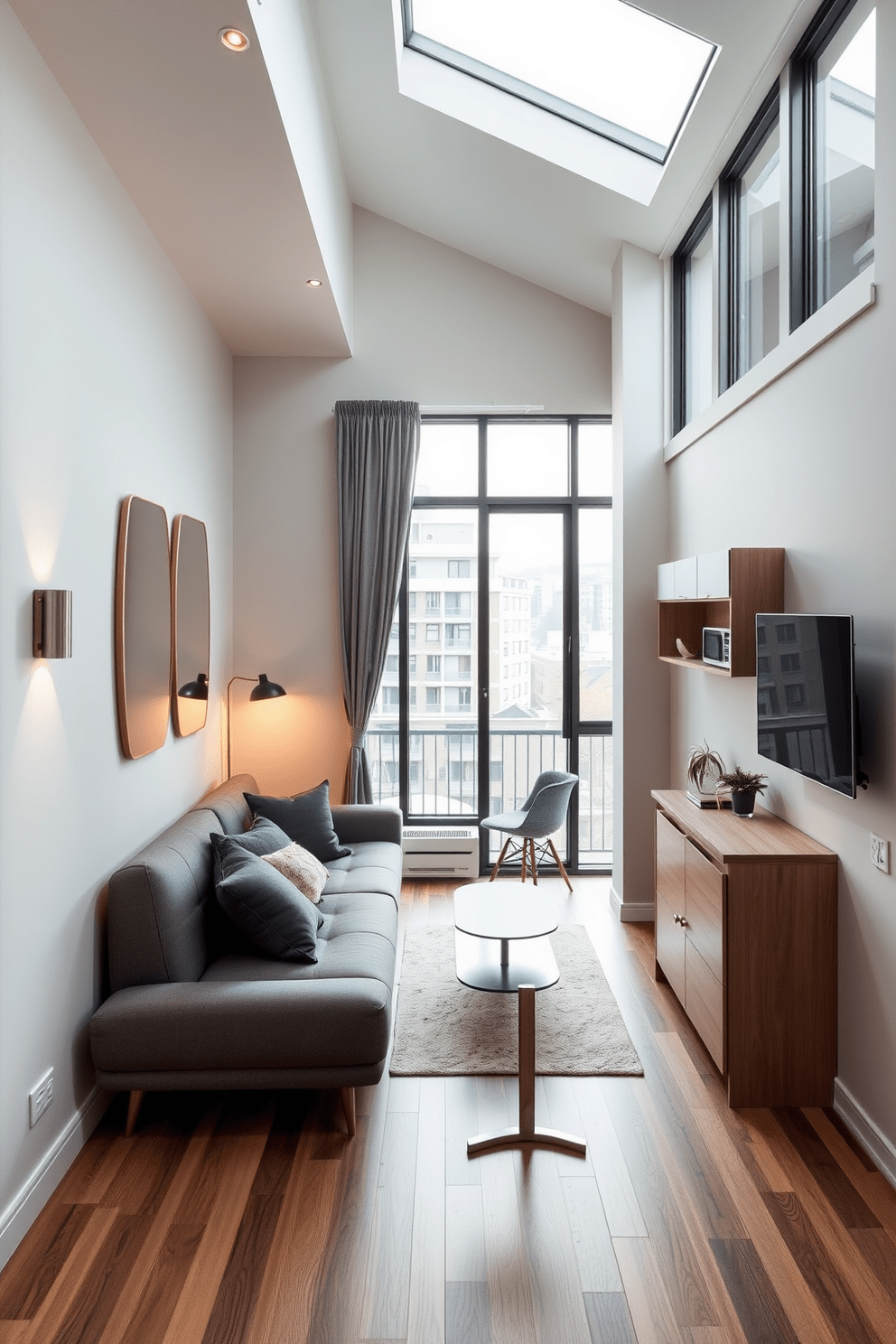 A stylish tiny apartment design featuring a multifunctional living area. The space includes a sleek sofa that converts into a bed and a compact dining table that folds away when not in use. The walls are painted in a light neutral tone to enhance the sense of openness. Large windows allow natural light to flood the room, complemented by strategically placed mirrors to create depth. Incorporate wall-mounted lighting fixtures to maximize floor space and add a modern touch. A small kitchen area features minimalist cabinetry and a compact breakfast bar, making efficient use of every inch.